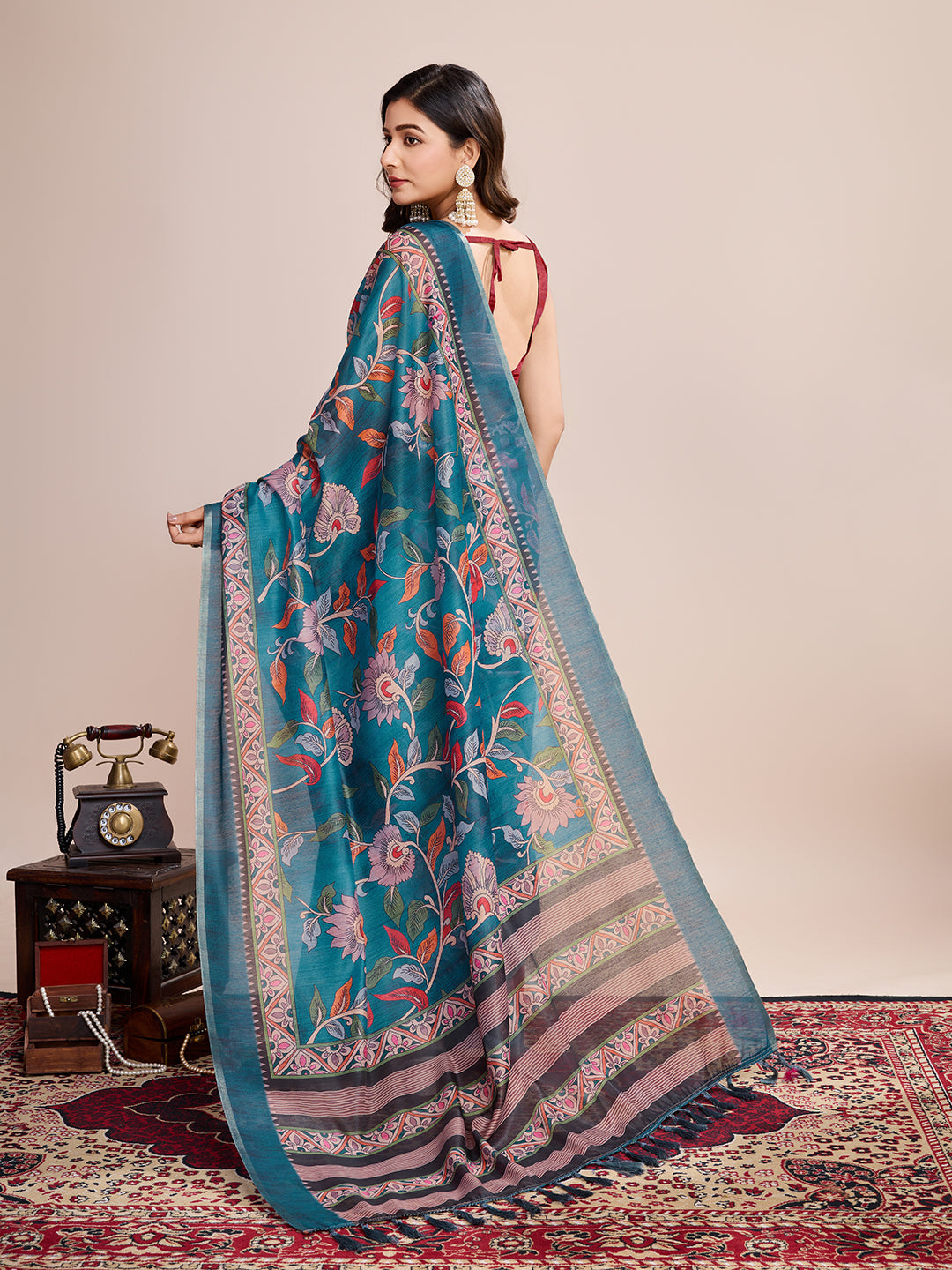 Multicolor Designer Printed Linen Fabric Partywear Saree For Trendy Designer Looks