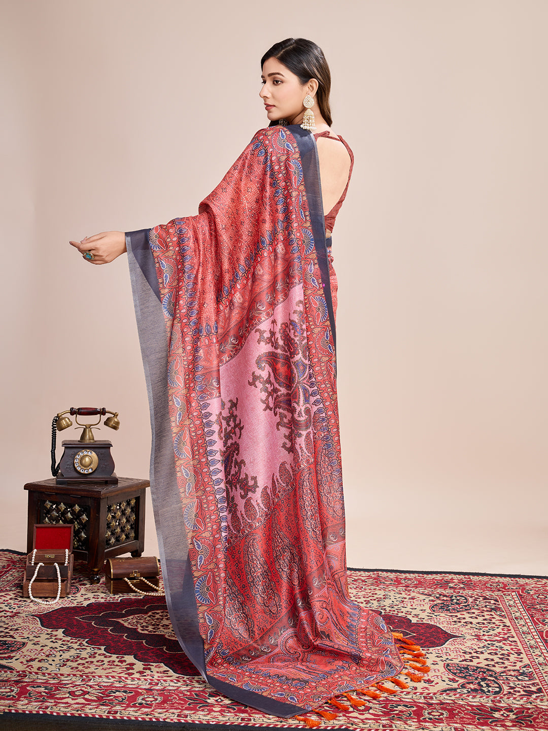 Multicolor Designer Printed Linen Fabric Partywear Saree For Trendy Designer Looks