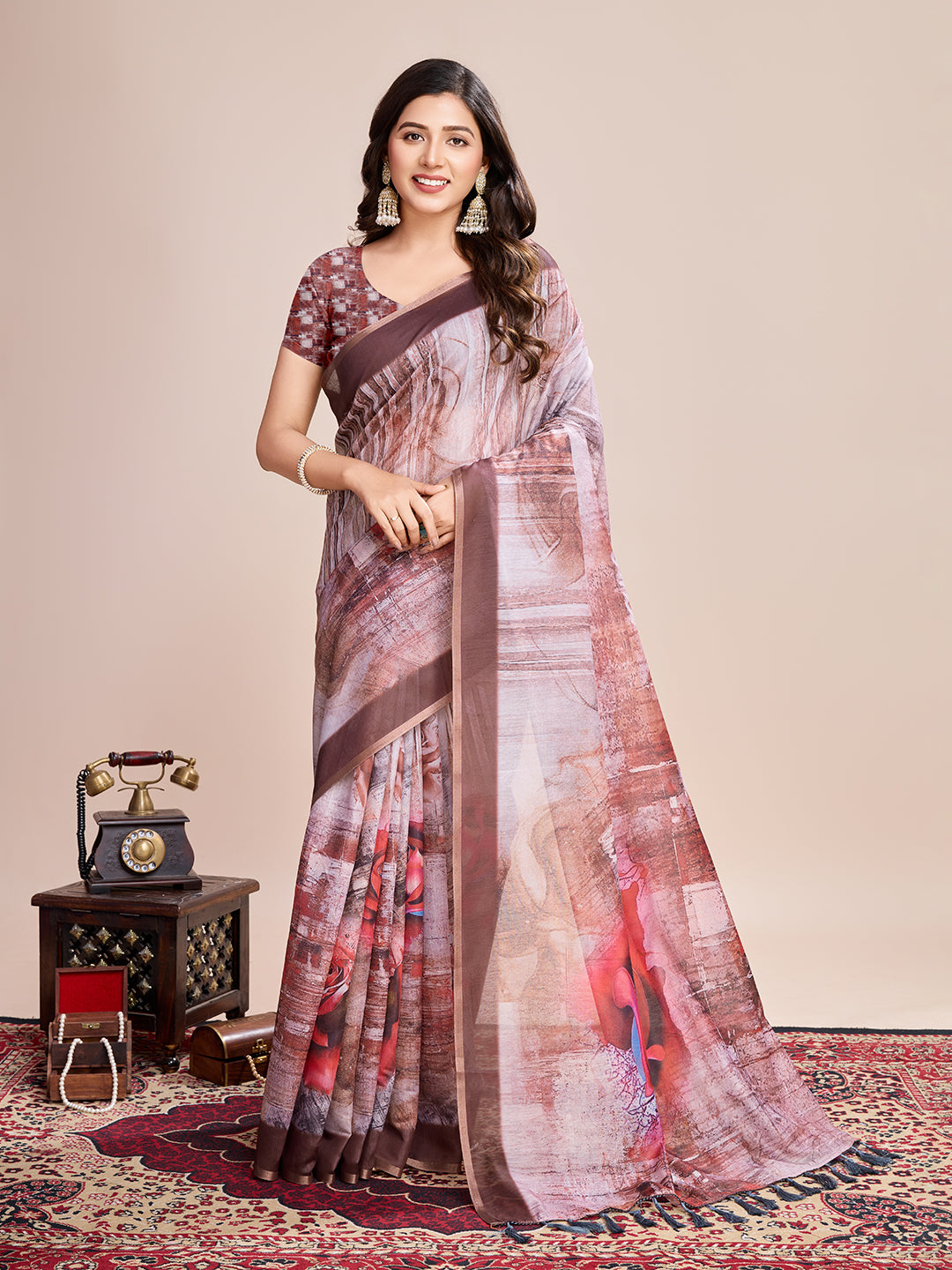 Multicolor Designer Printed Linen Fabric Partywear Saree For Trendy Designer Looks