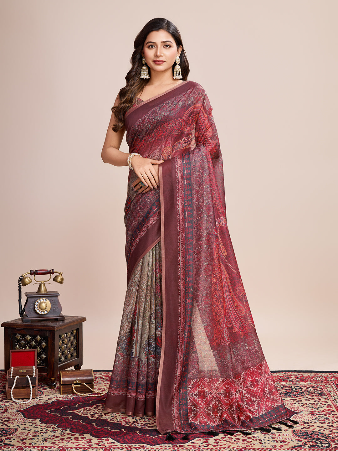 Multicolor Designer Printed Linen Fabric Partywear Saree For Trendy Designer Looks