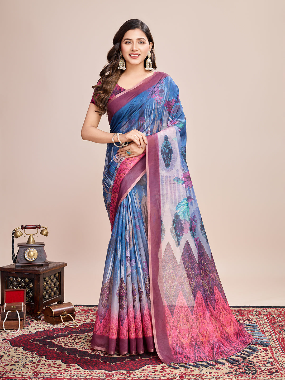 Multicolor Designer Printed Linen Fabric Partywear Saree For Trendy Designer Looks