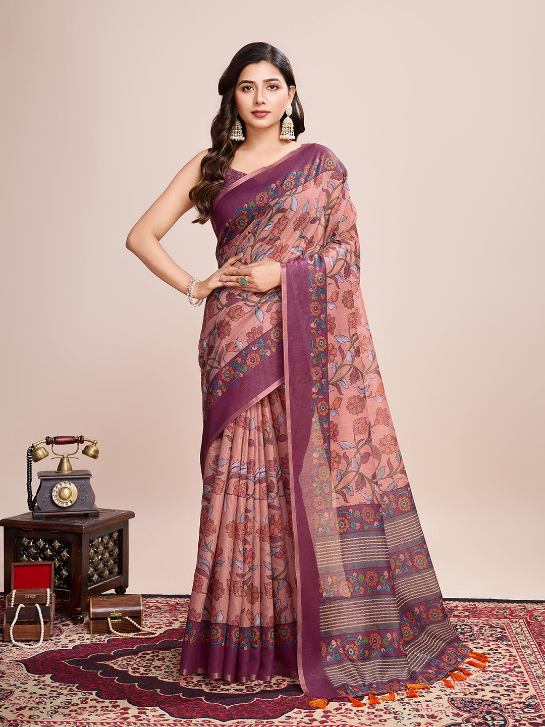 Multicolor Designer Printed Linen Fabric Partywear Saree For Trendy Designer Looks