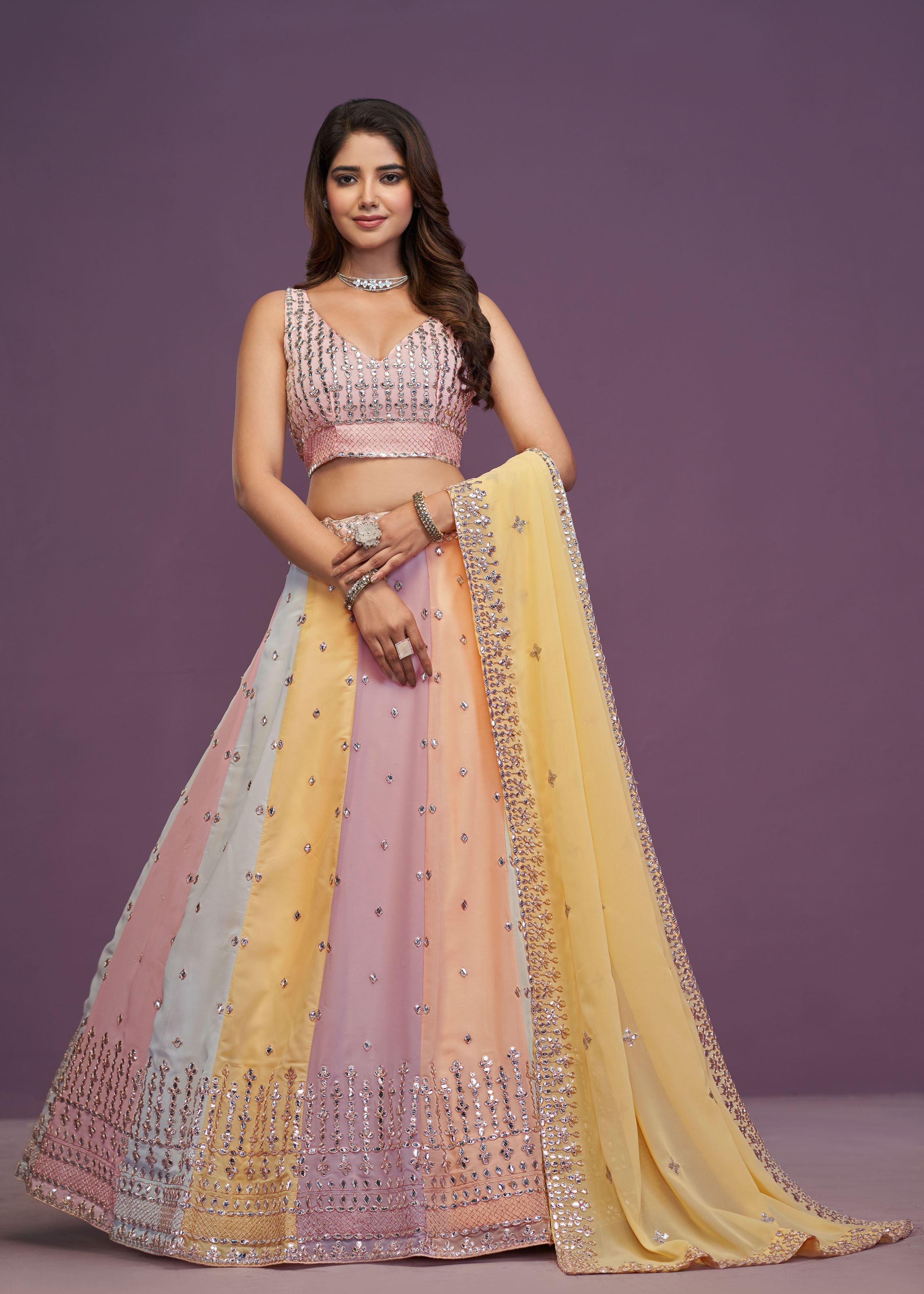 Multicolor Georgette Thread Sequence Embroidery Gota Patti Work Lehenga Choli