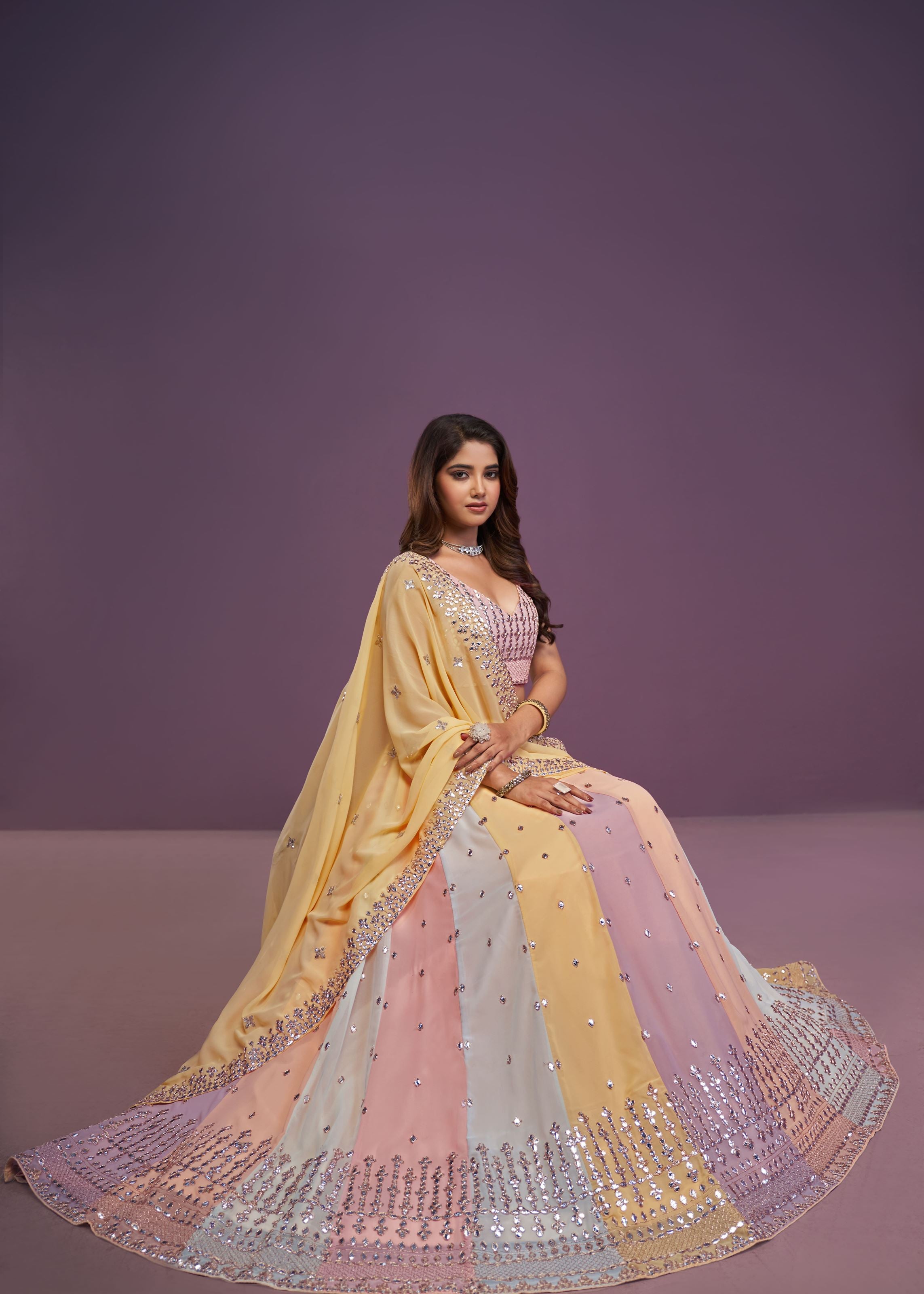 Multicolor Georgette Thread Sequence Embroidery Gota Patti Work Lehenga Choli