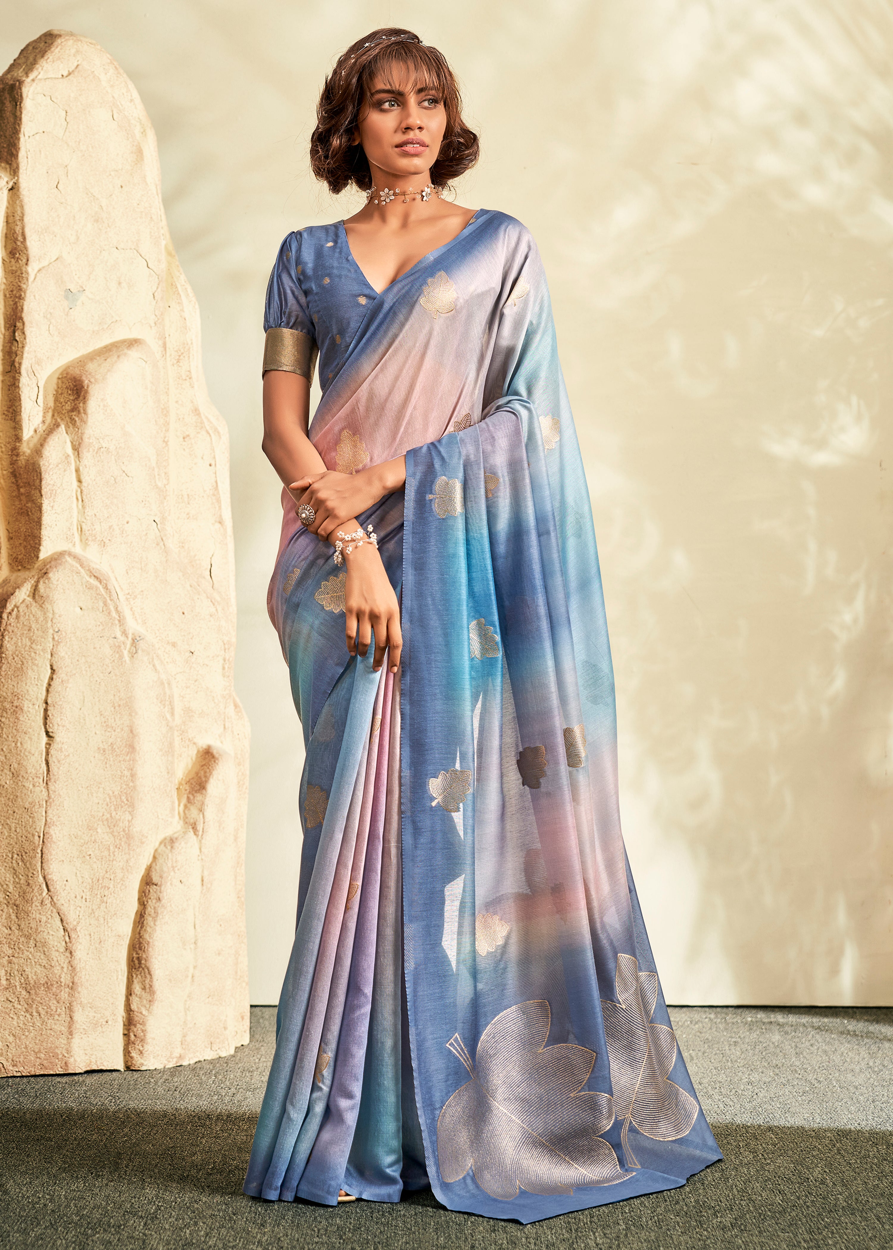 Multicolor Handloom Khadi Saree With Jacquard Woven With Digital Print