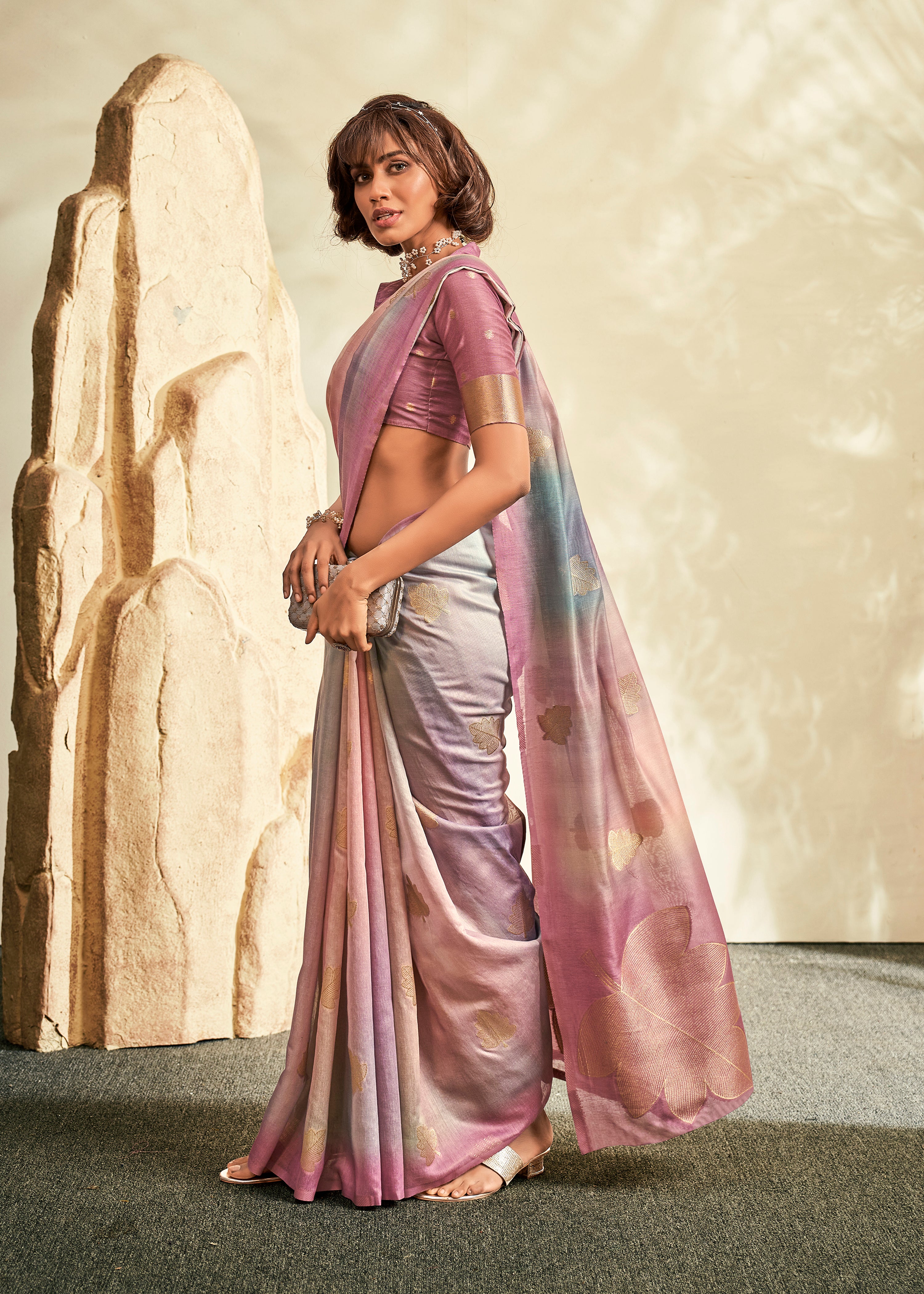 Multicolor Handloom Khadi Saree With Jacquard Woven With Digital Print