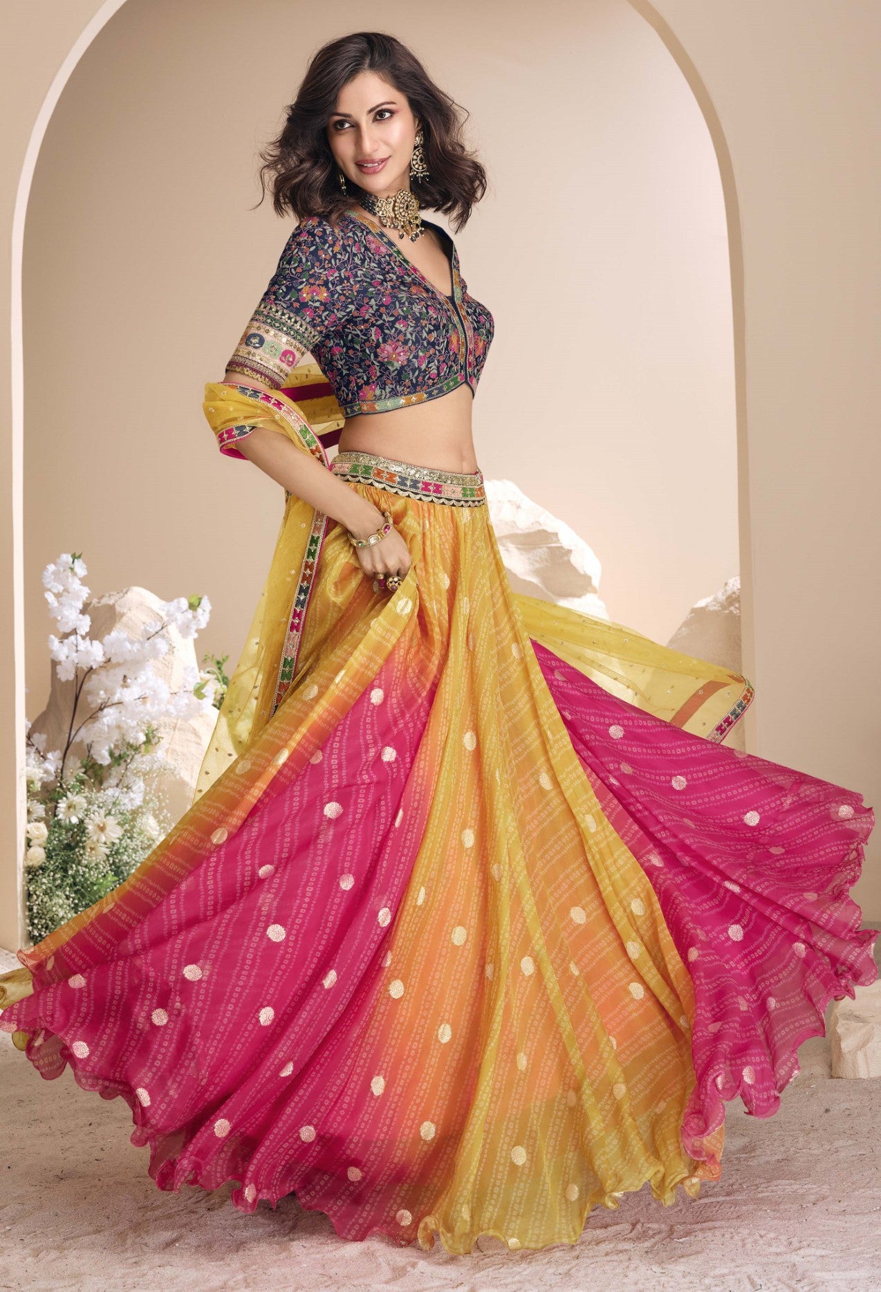 Multicolor Jacquard Silk Lehenga Choli With Woven Print Design