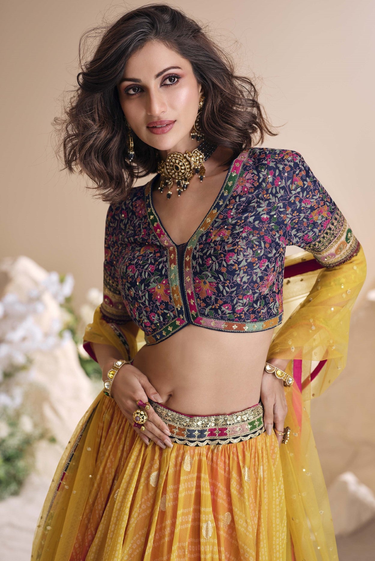 Multicolor Jacquard Silk Lehenga Choli With Woven Print Design