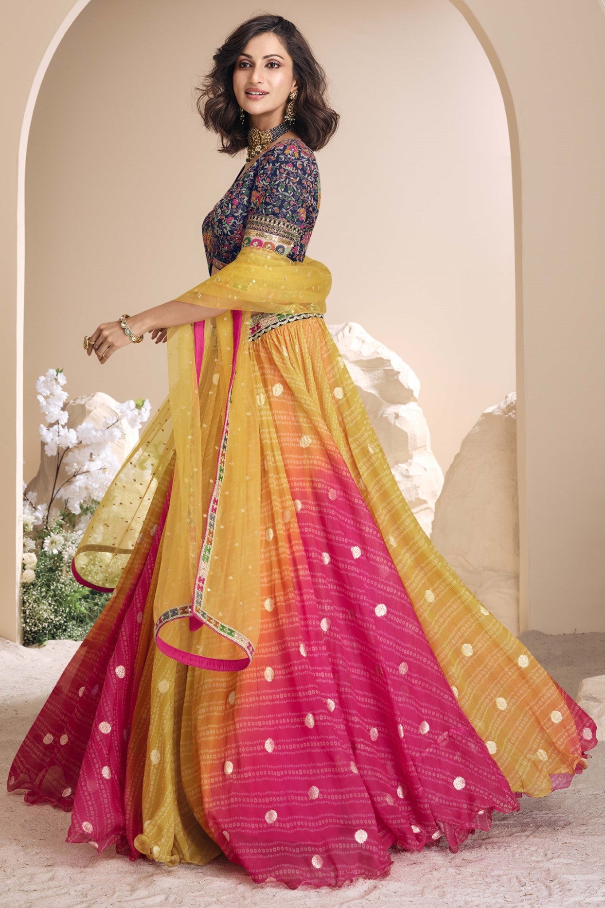 Multicolor Jacquard Silk Lehenga Choli With Woven Print Design