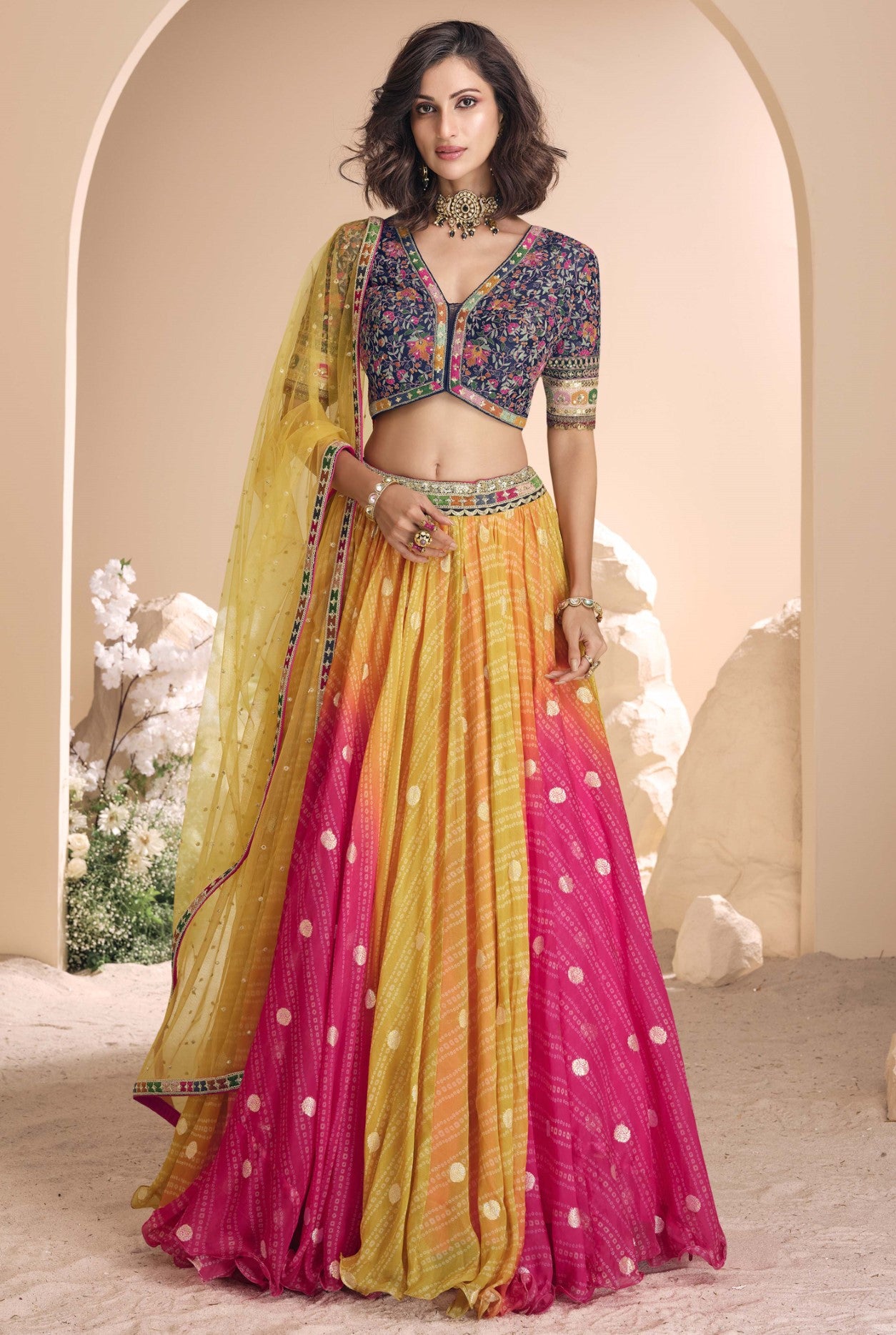 Multicolor Jacquard Silk Lehenga Choli With Woven Print Design