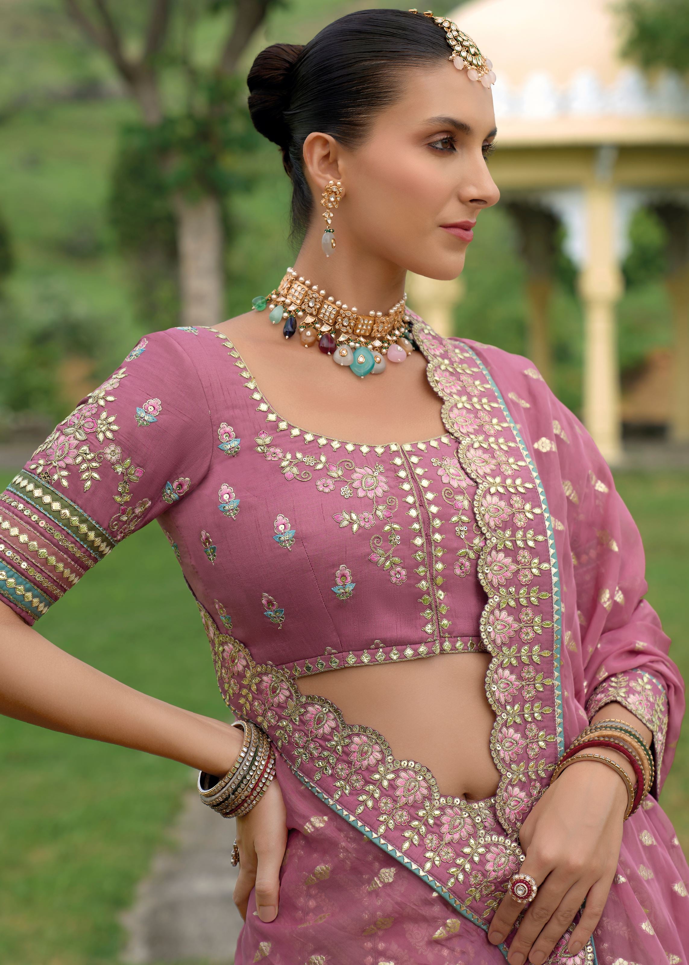 Multicolor Lehenga Choli With Heavy Thread Embroidery, Khatli With Sequins Work
