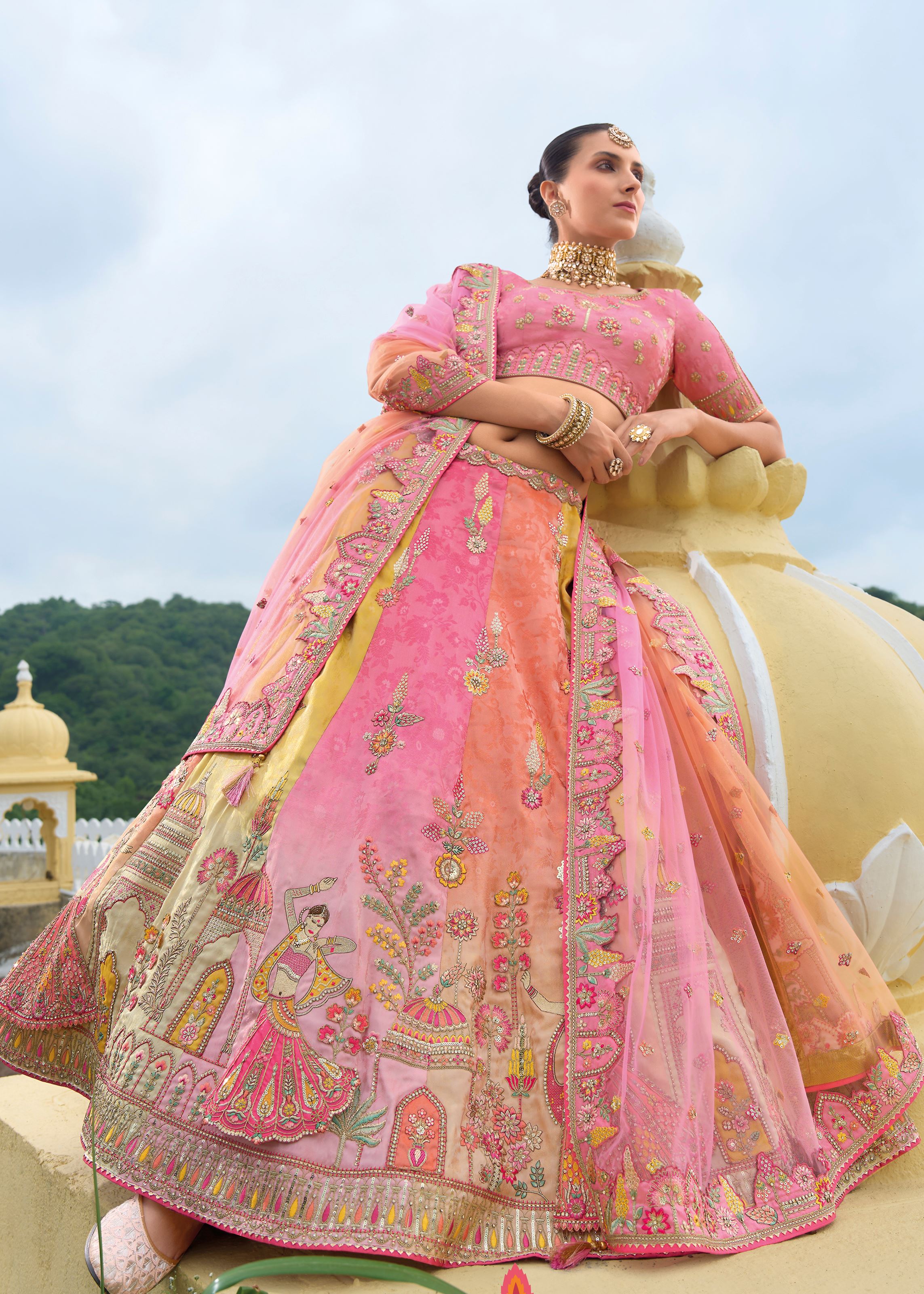 Multicolor Lehenga Choli With Heavy Thread Embroidery, Khatli With Sequins Work