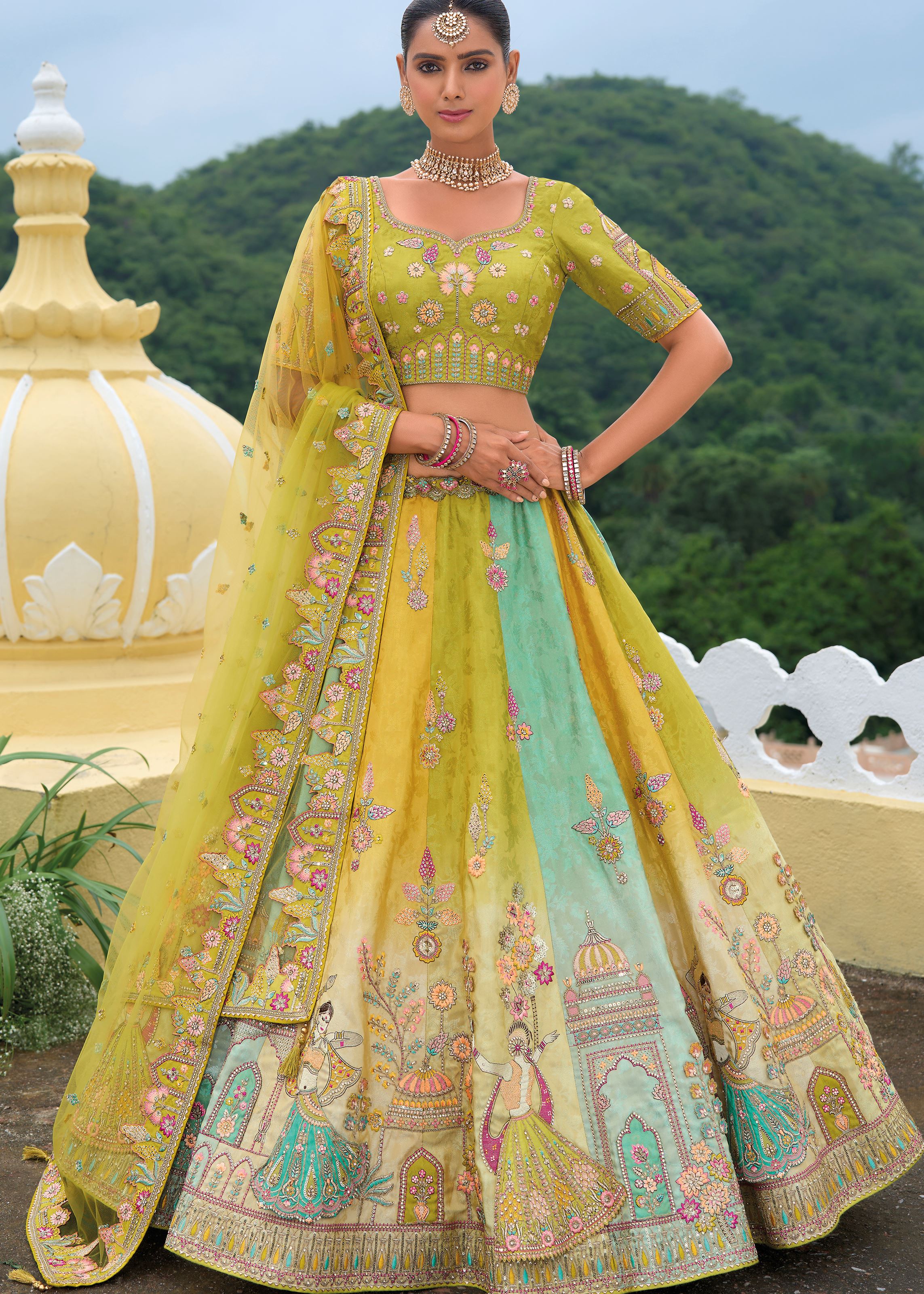 Multicolor Lehenga Choli With Heavy Thread Embroidery, Khatli With Sequins Work