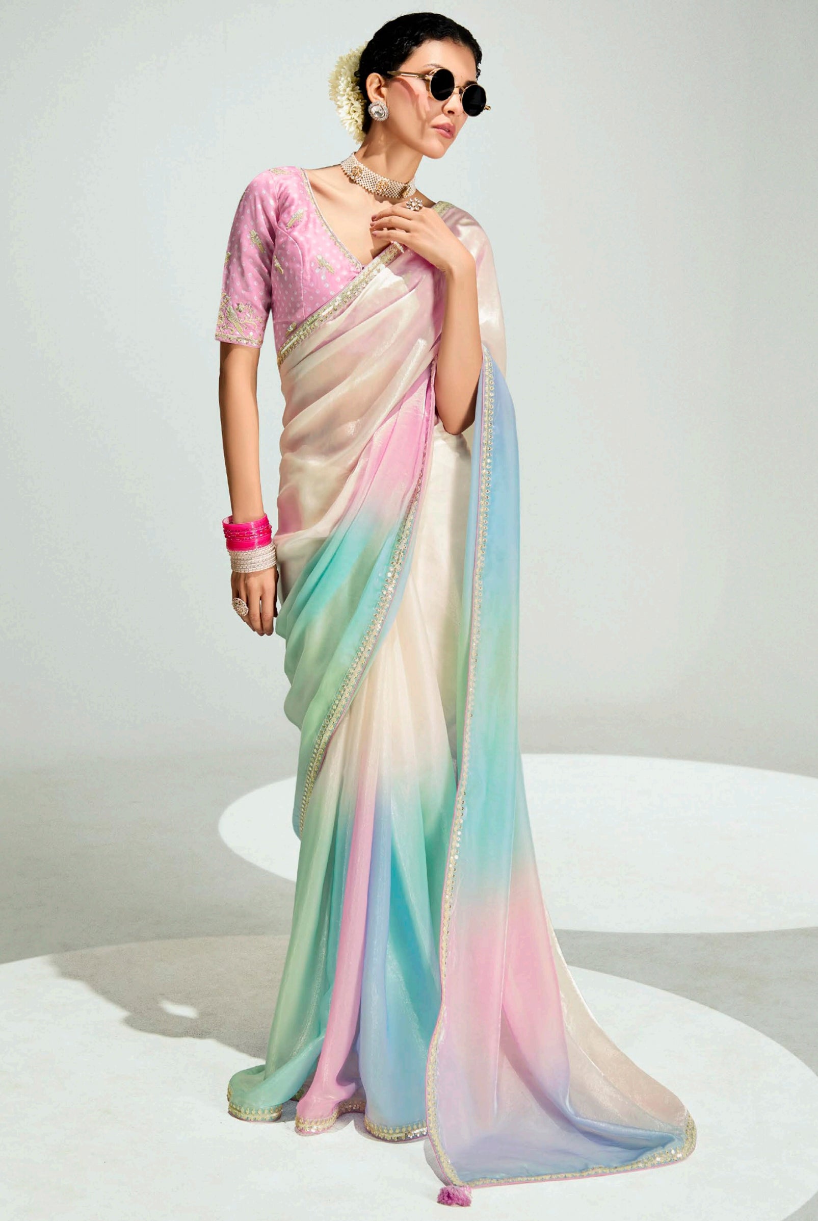 Multicolor Organza Saree with Embroidered Blouse