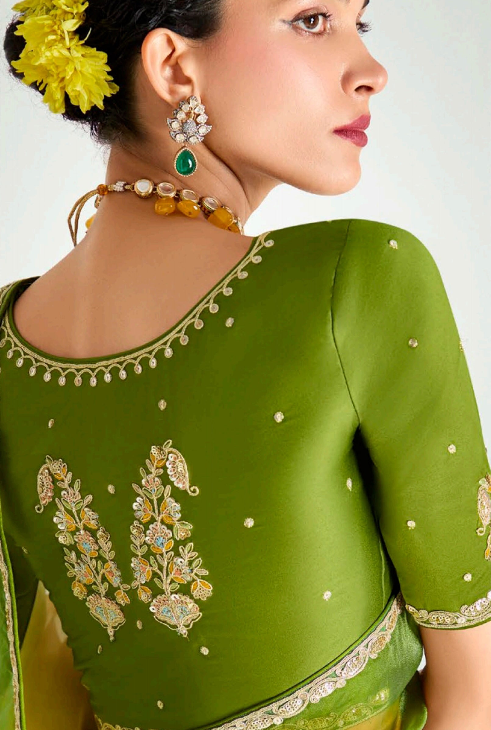 Multicolor Organza Tissue Saree With Border Work & Embroidered Blouse