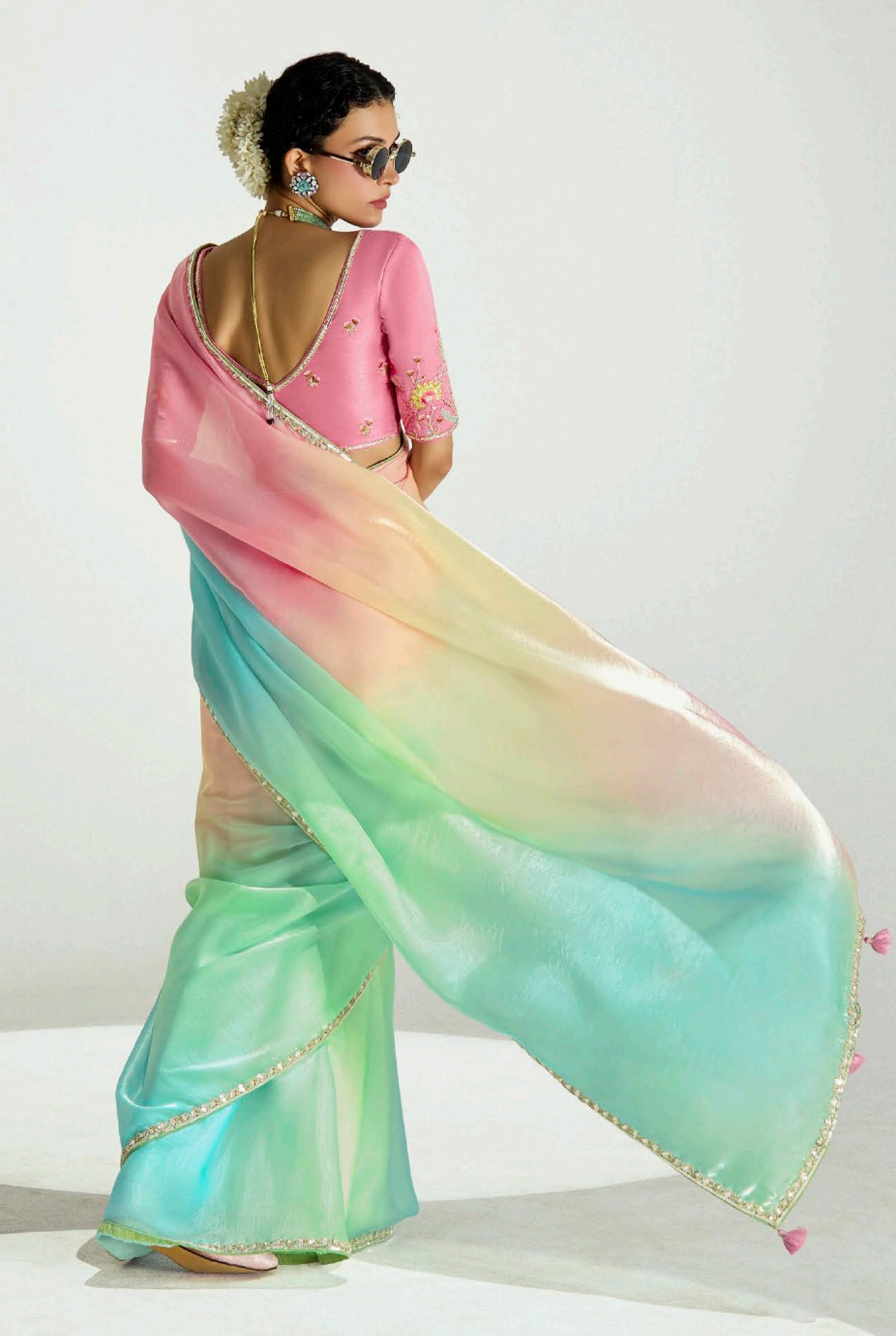 Multicolor Organza Tissue Saree With Border Work and Embroidered Blouse