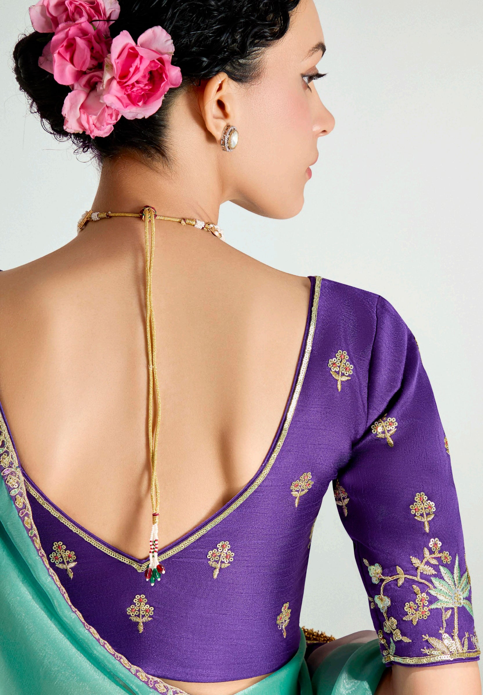 Multicolor Organza Tissue Saree With Border Work and Embroidered Blouse