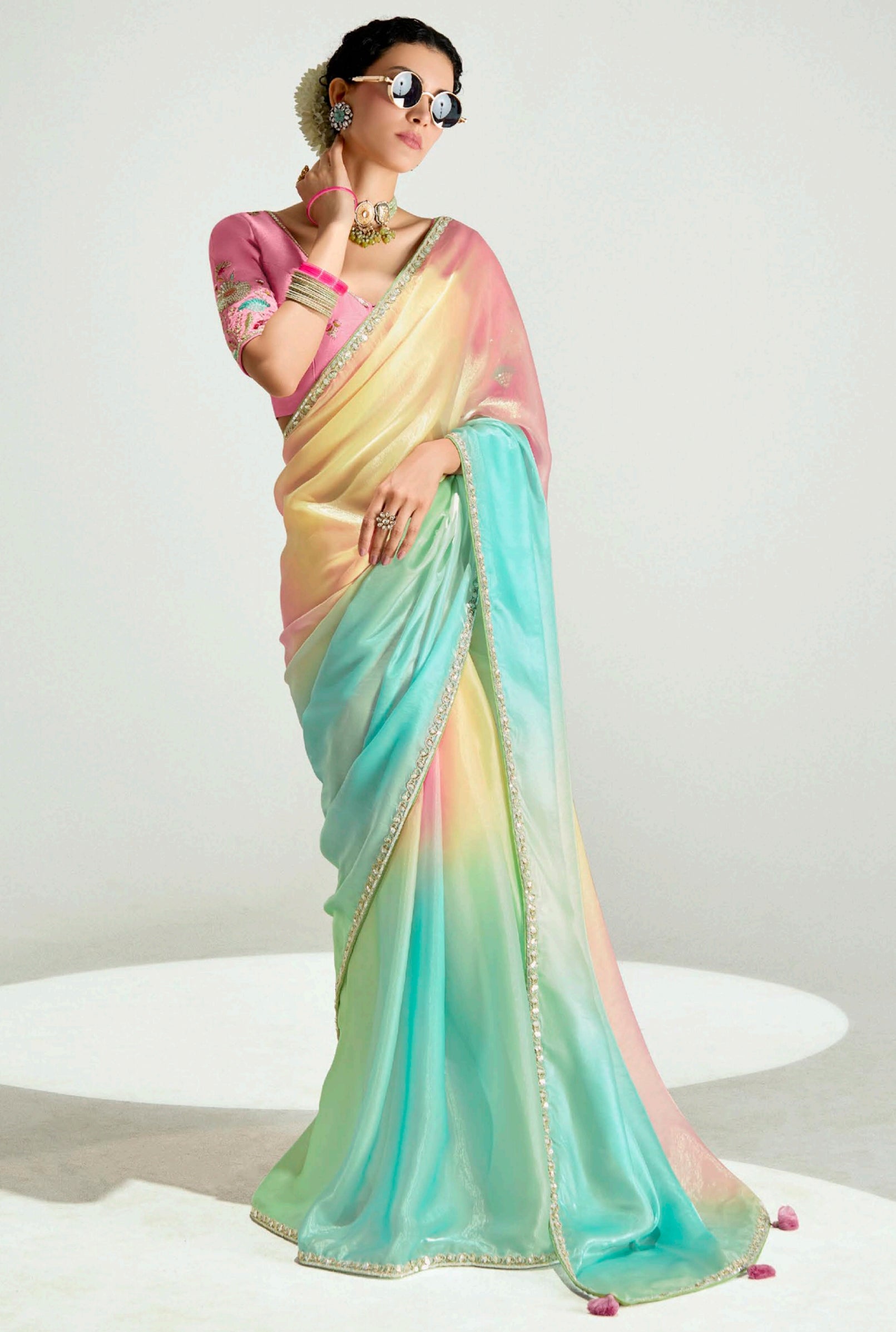 Multicolor Organza Tissue Saree With Border Work and Embroidered Blouse