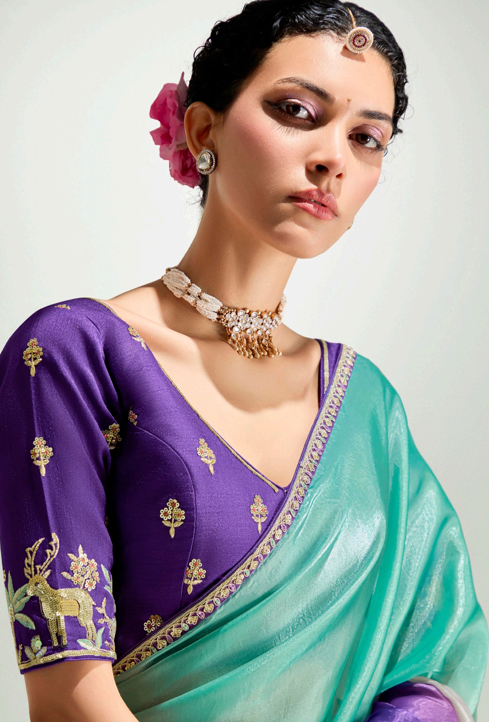 Multicolor Organza Tissue Saree With Border Work and Embroidered Blouse