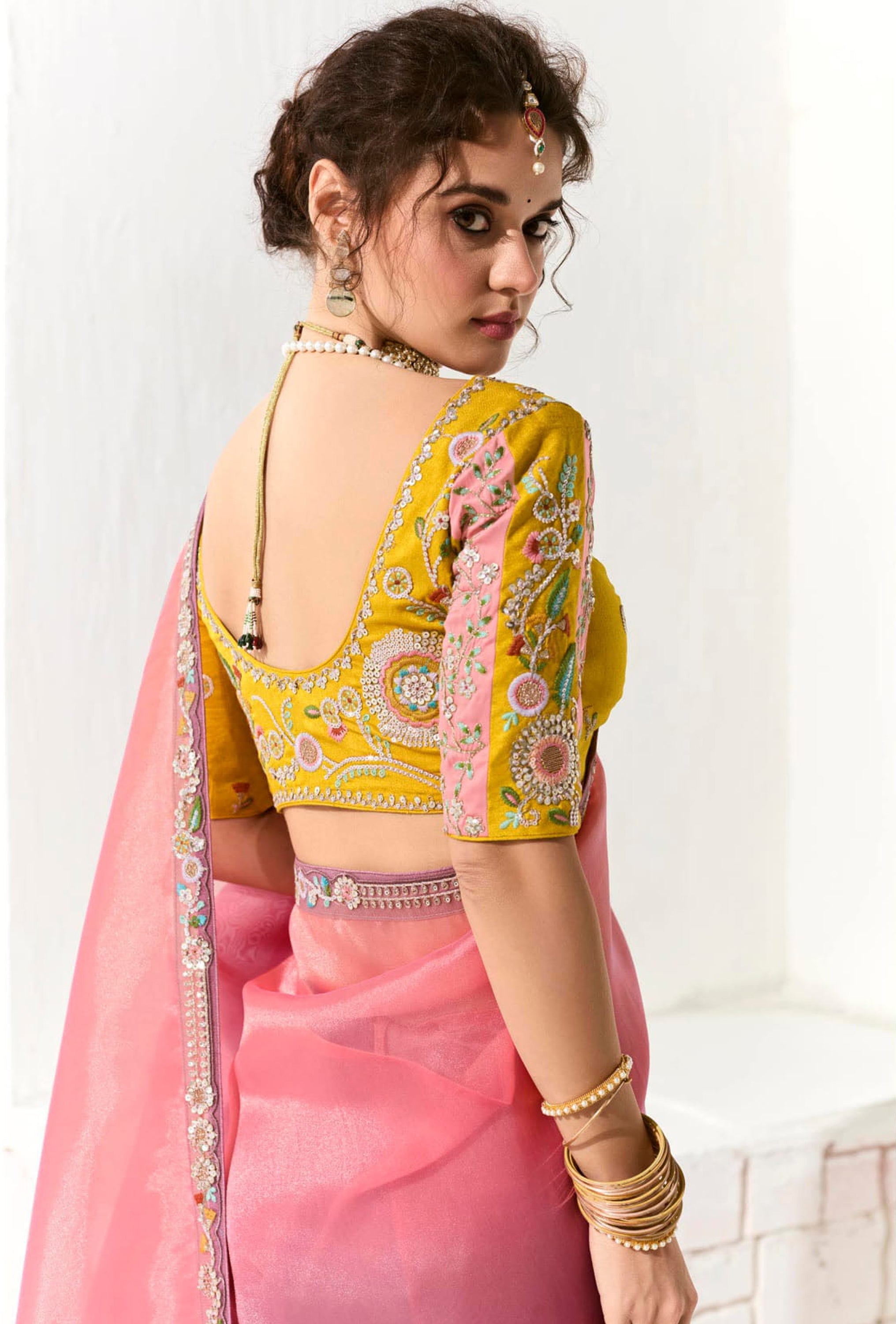 Multicolor Organza Tissue Saree With Heavy Work Border With Embroidered Blouse