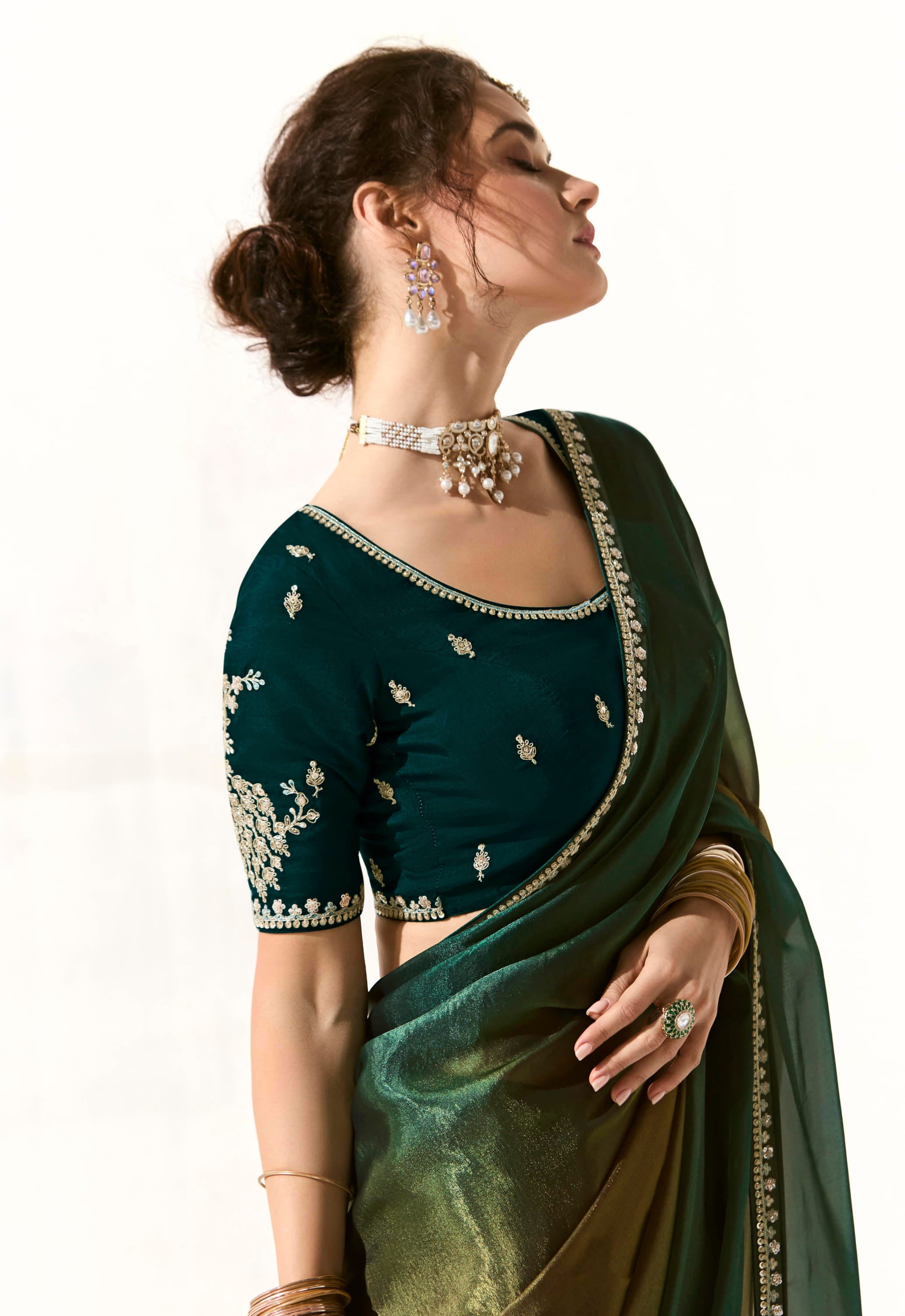 Multicolor Organza Tissue Saree With Heavy Work Border With Embroidered Blouse