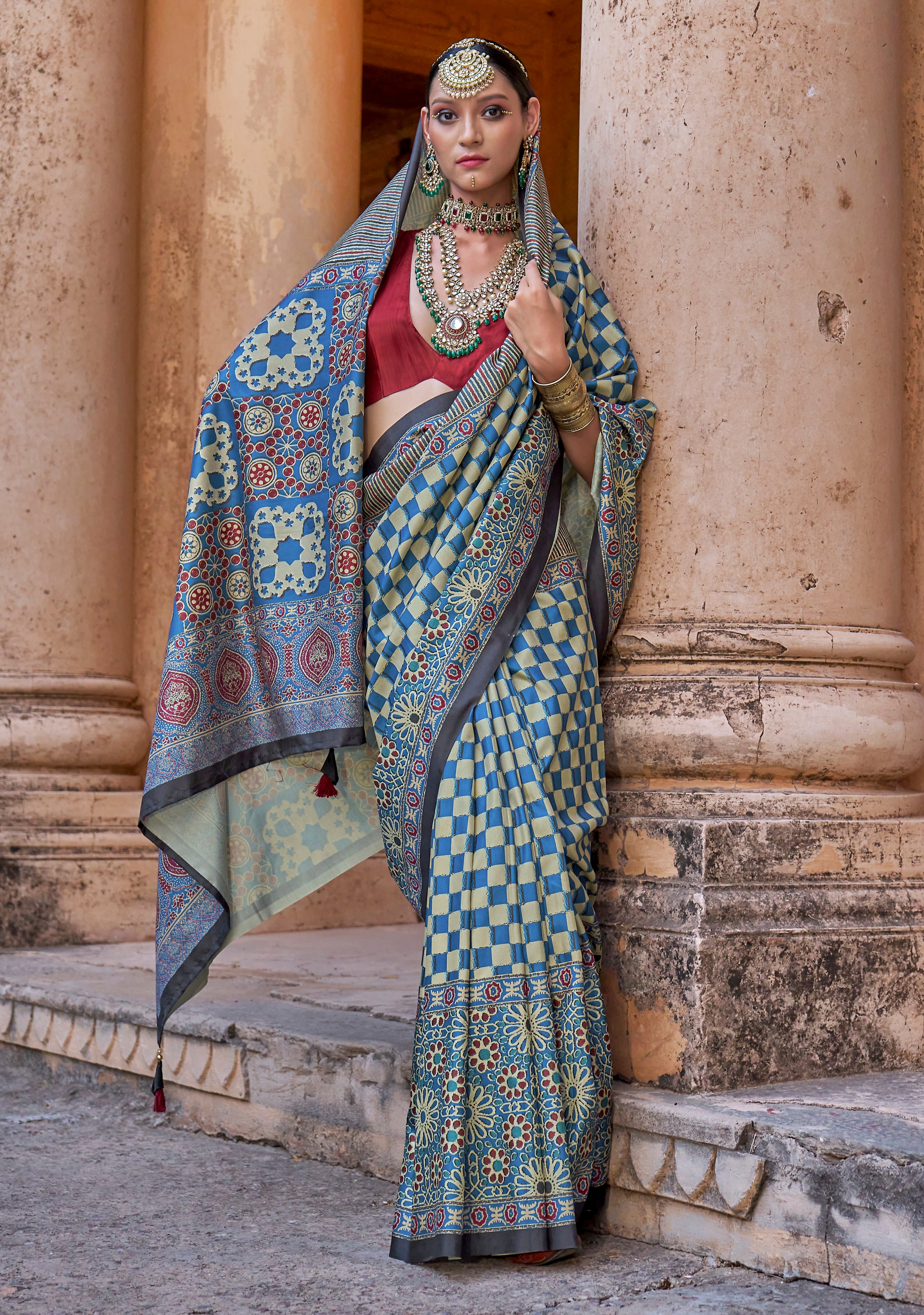Multicolor PV Silk Saree with Ajrakh Print and Croma Finish