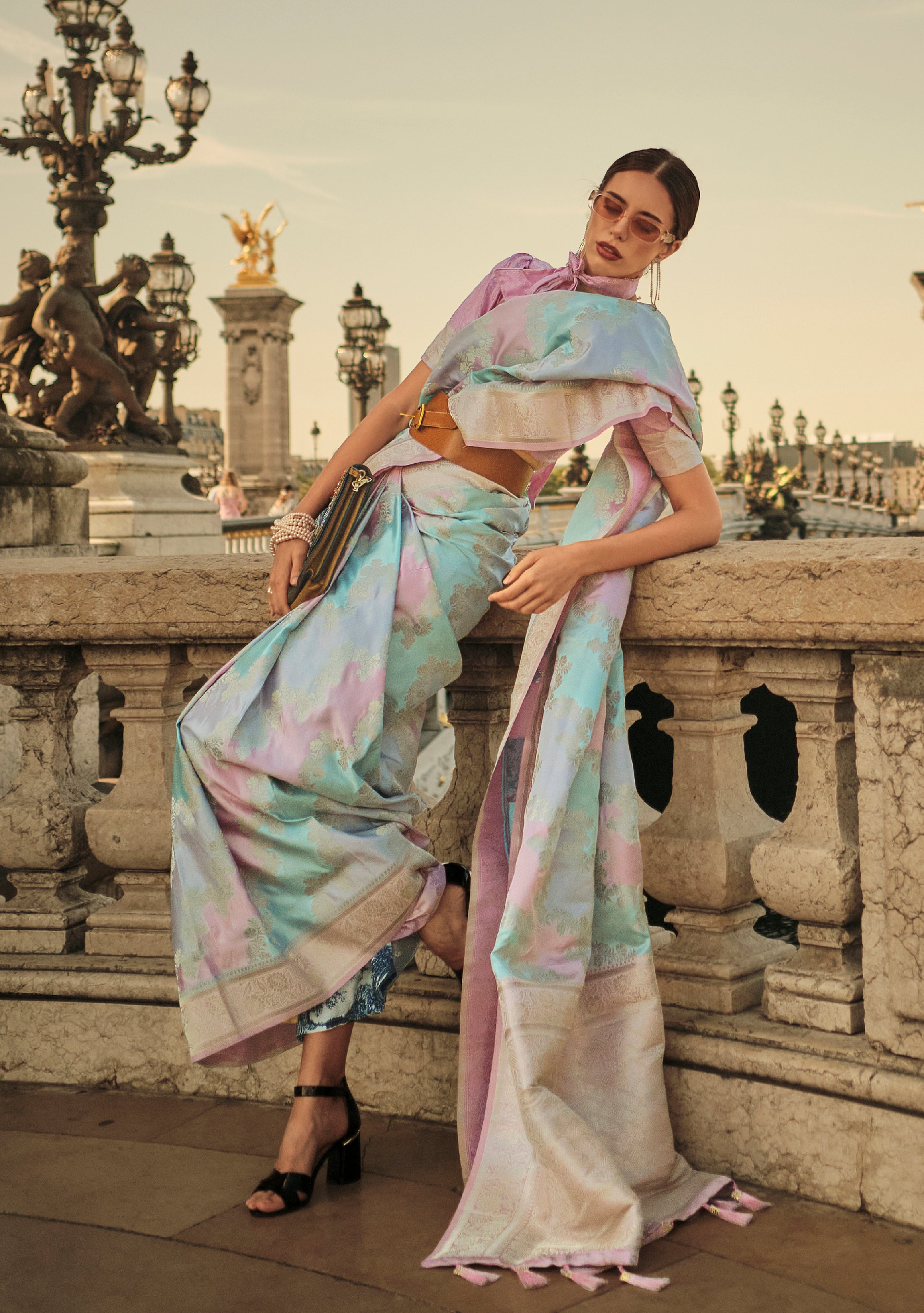 Multicolor Ranghat Satin Saree With Woven Work