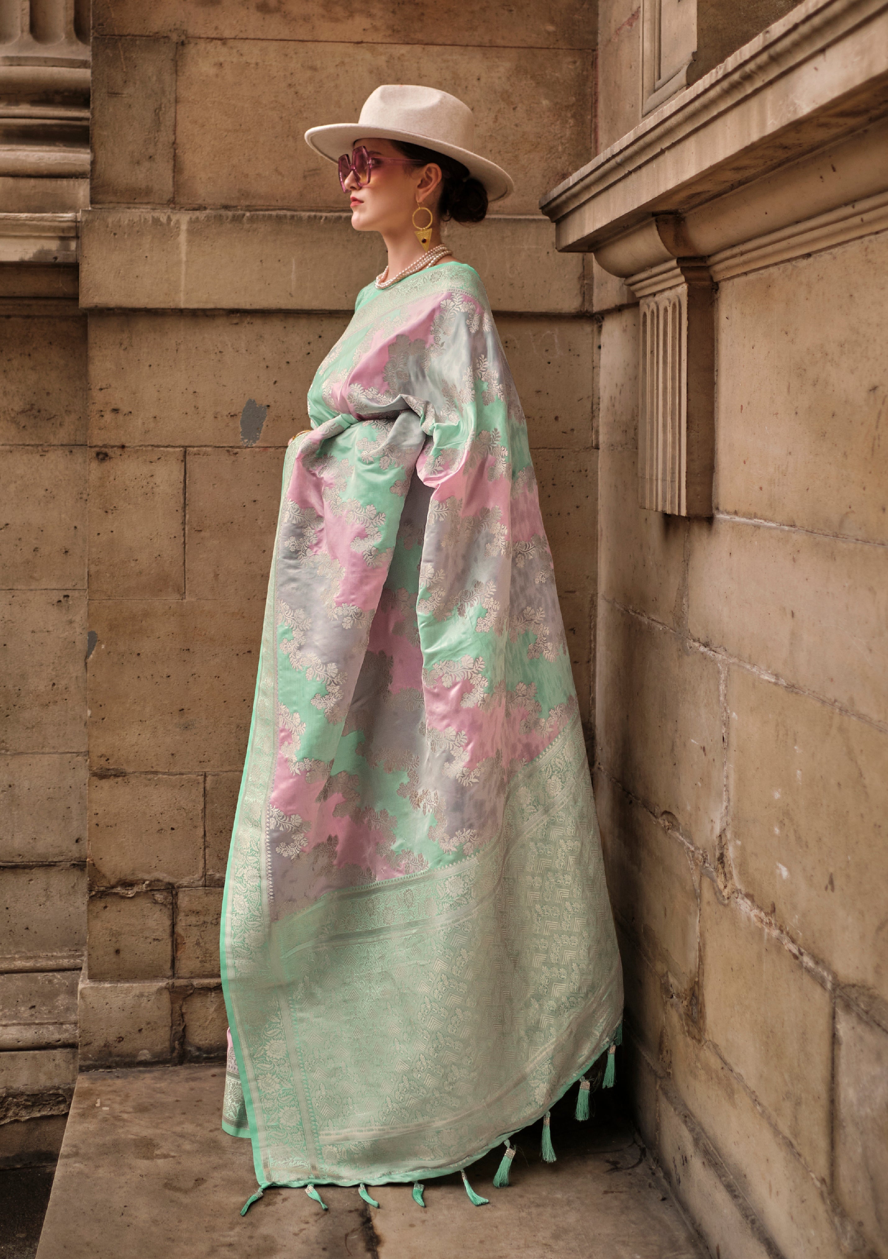 Multicolor Ranghat Satin Saree With Woven Work