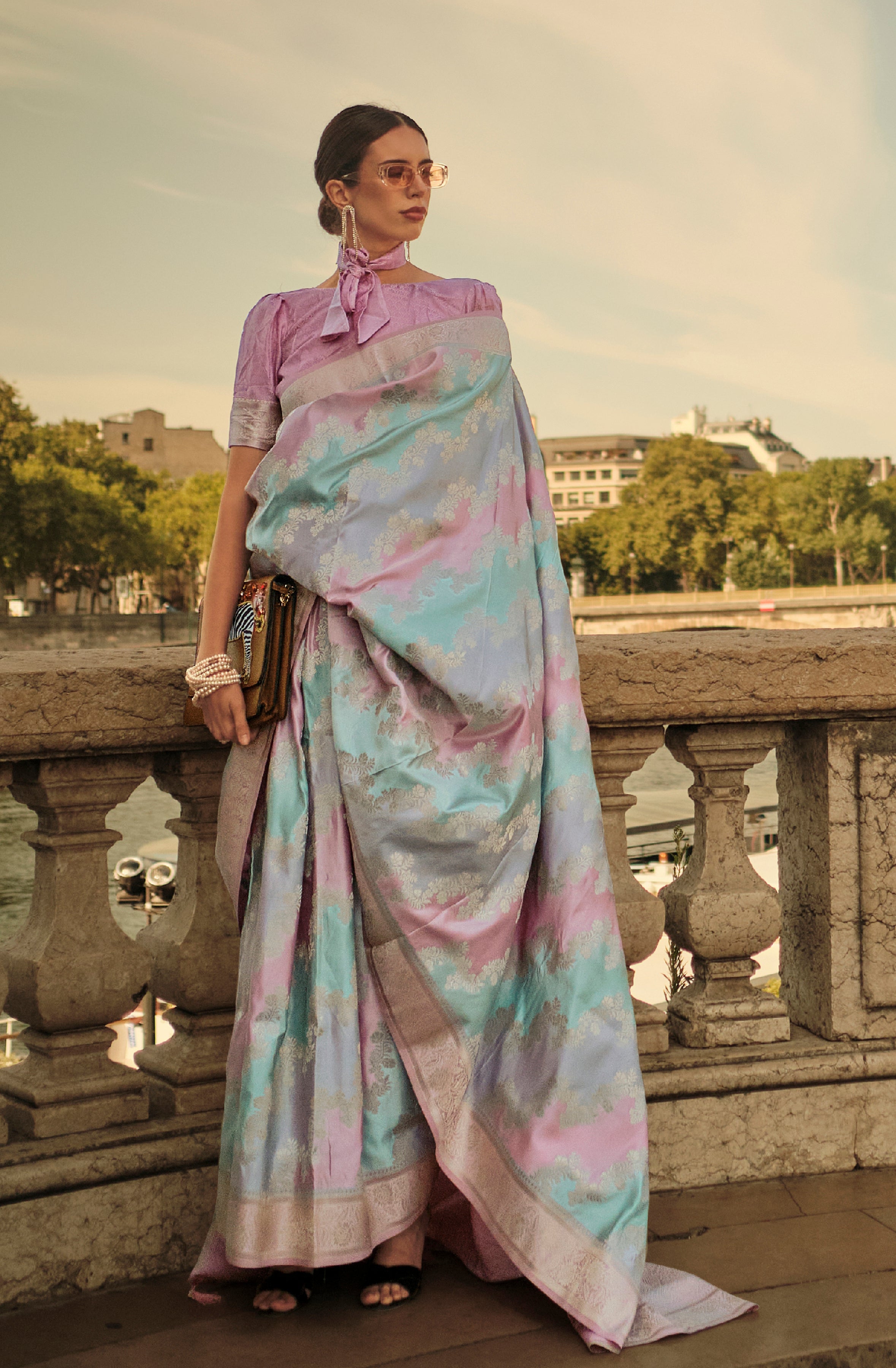 Multicolor Ranghat Satin Saree With Woven Work