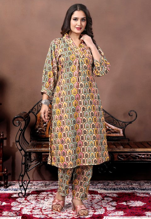 Multicolor Rayon Kurta Pant With Printed