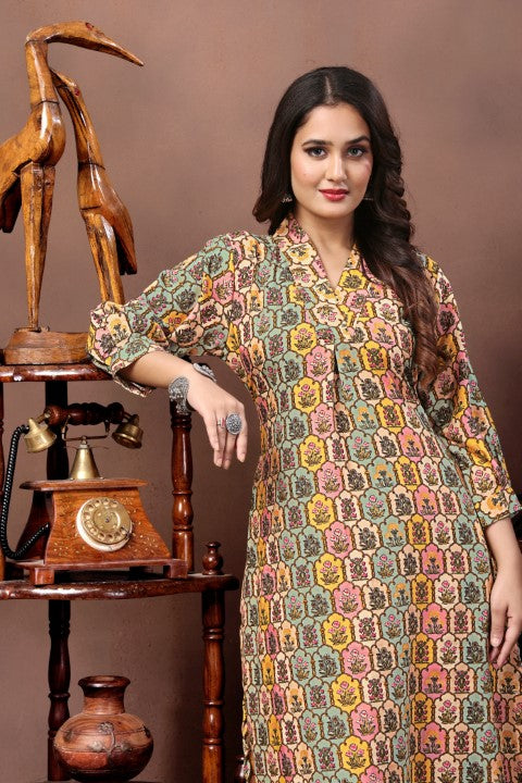 Multicolor Rayon Kurta Pant With Printed