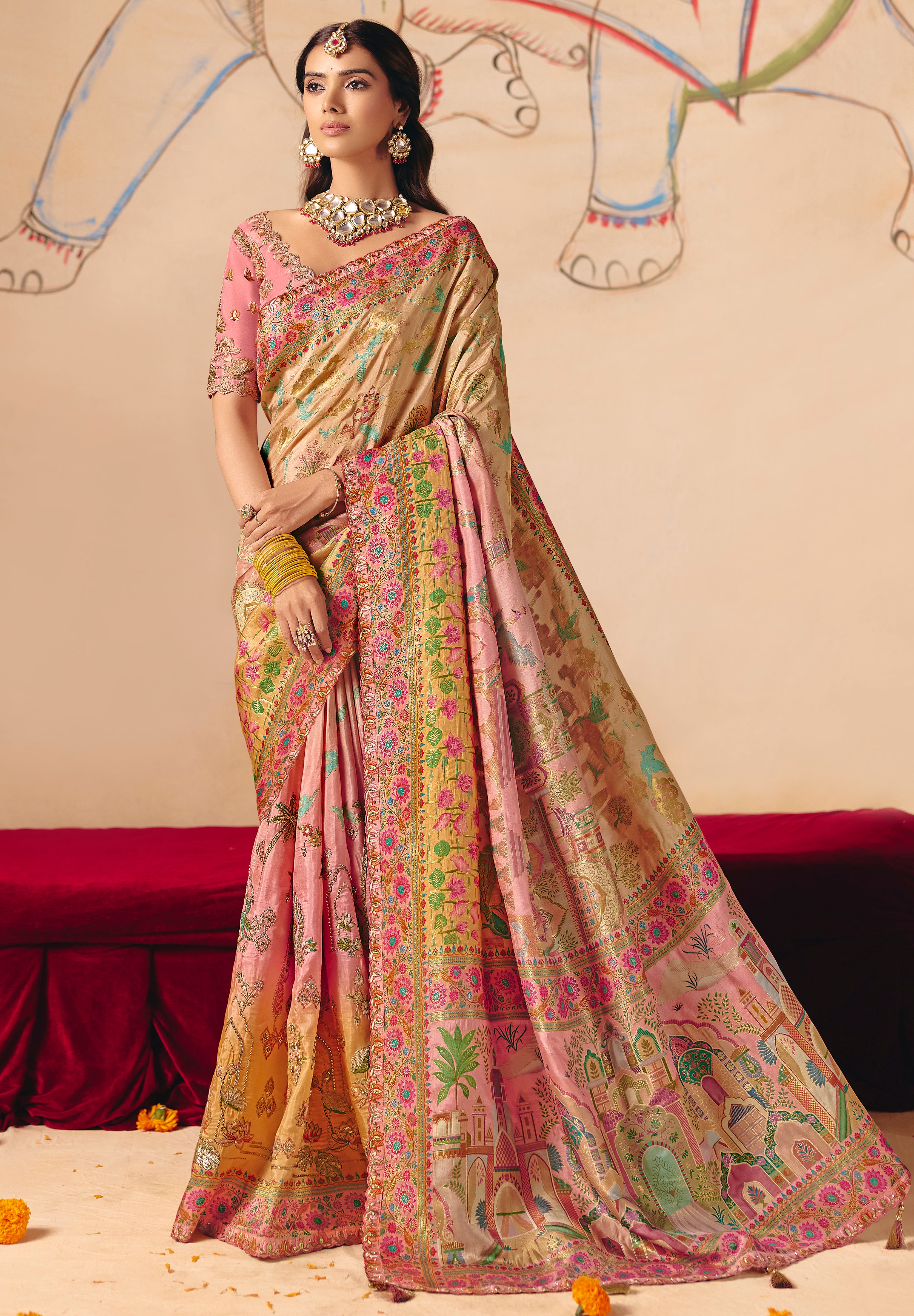 Multicolor Saree With Heavy Embroidery, Sequin, Thread, and Stone Work On Patli & Cutwork Lace With Heavy Work Blouse