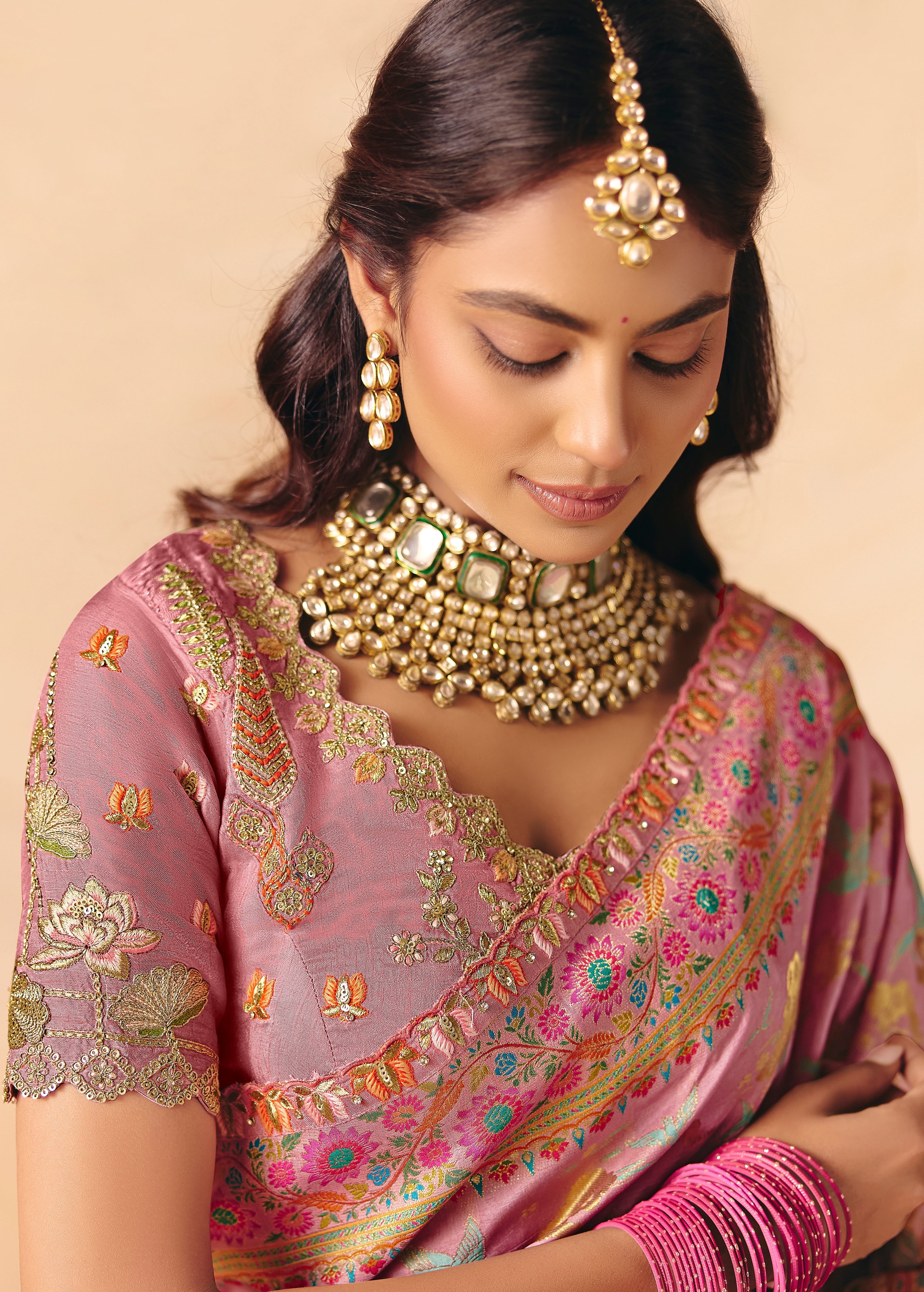 Multicolor Saree With Heavy Embroidery, Sequin, Thread, and Stone Work On Patli & Cutwork Lace With Heavy Work Blouse