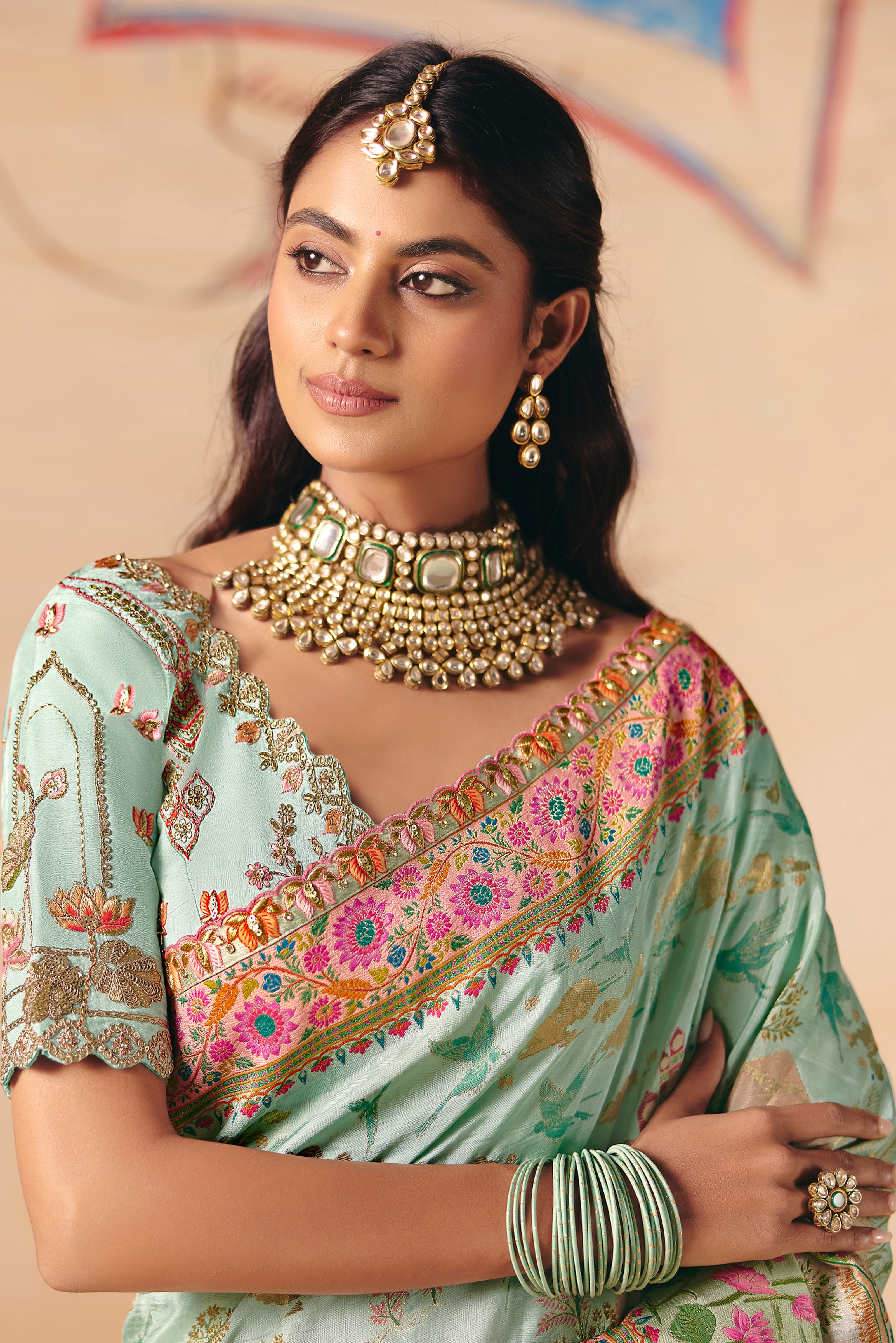 Multicolor Saree With Heavy Embroidery, Sequin, Thread, and Stone Work On Patli & Cutwork Lace With Heavy Work Blouse