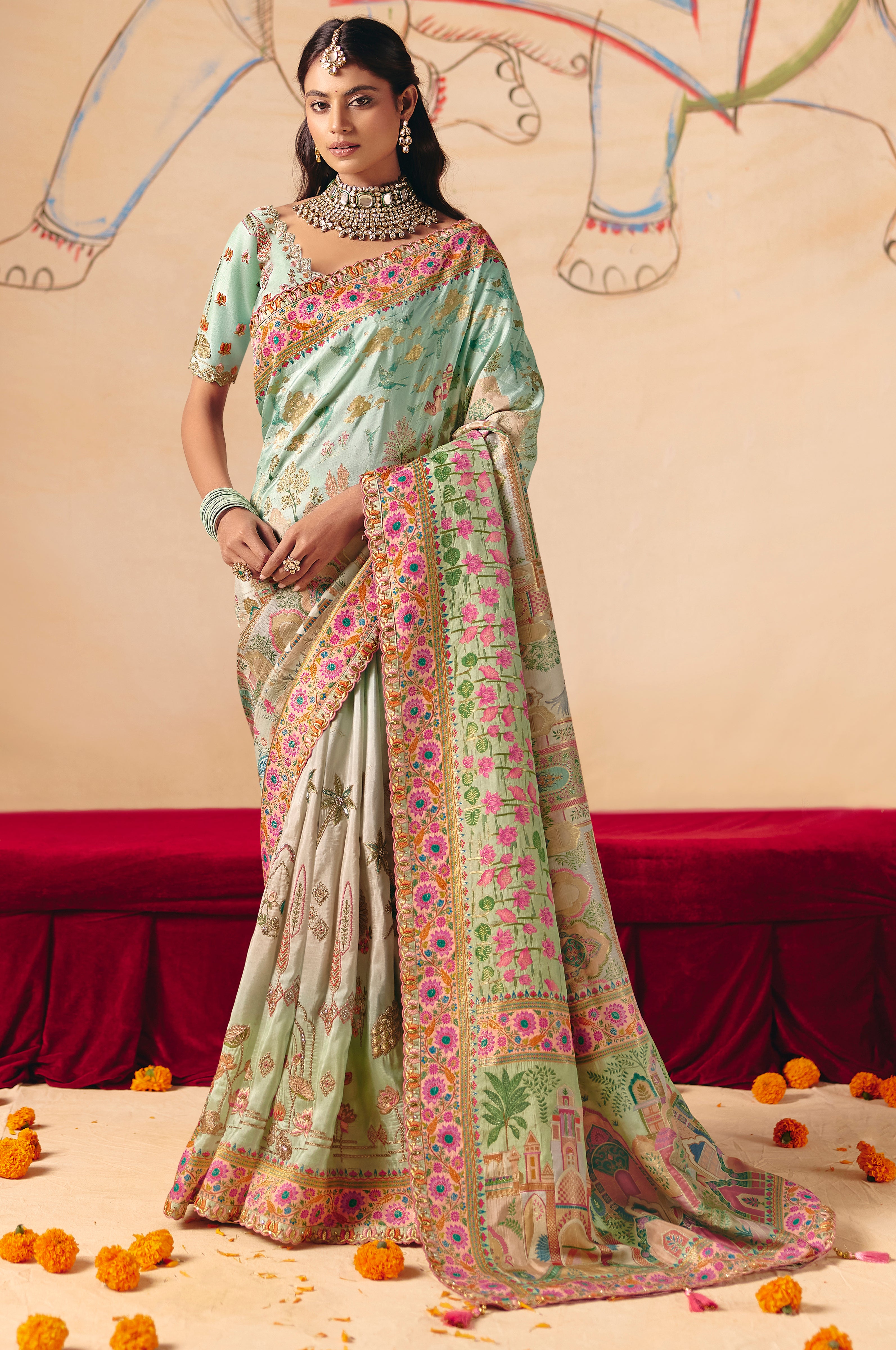 Multicolor Saree With Heavy Embroidery, Sequin, Thread, and Stone Work On Patli & Cutwork Lace With Heavy Work Blouse