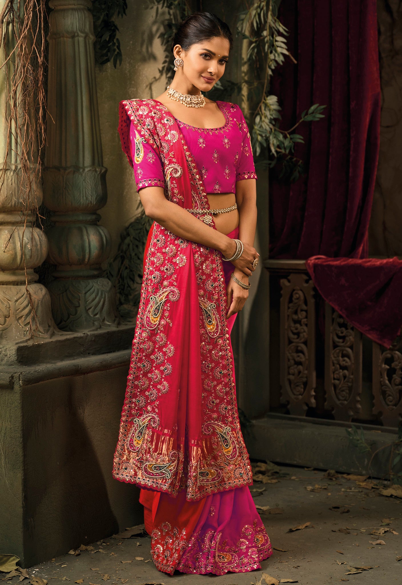 Multicolor Saree With Jari, Thread, Moti With Emerald Heavy Work