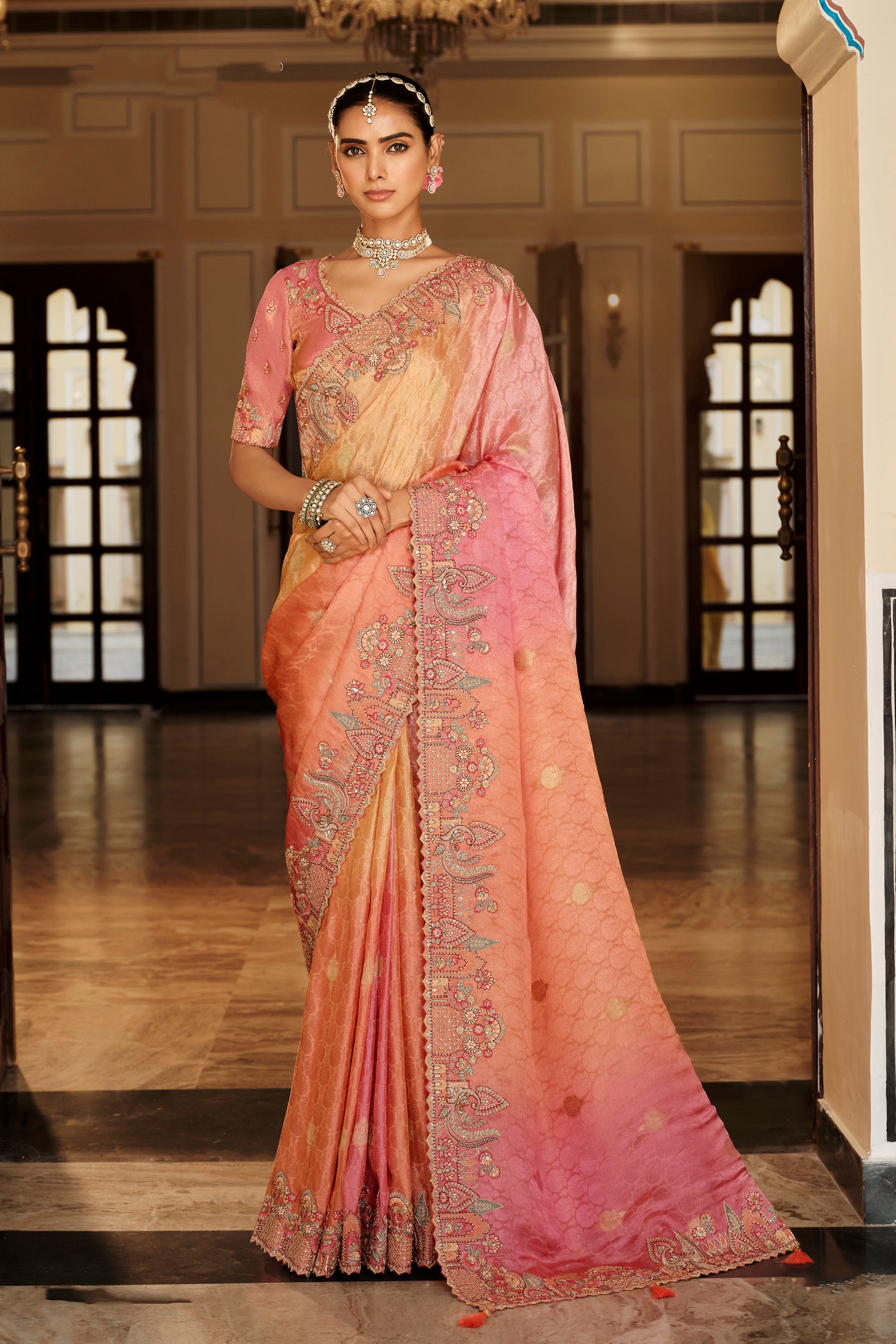 Multicolor Saree With Zari weaving With Heavy Thread Embroidery With khatli work