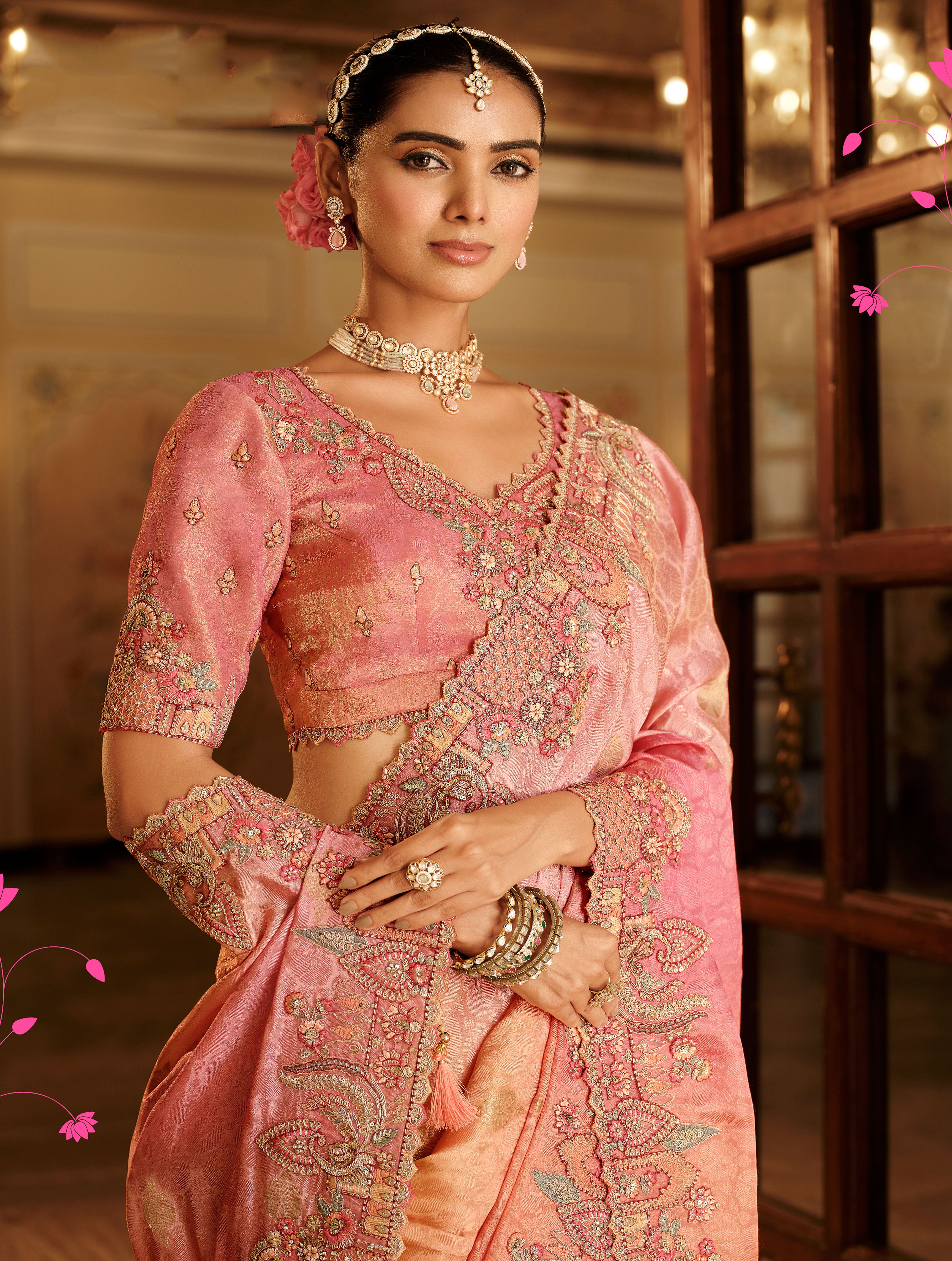 Multicolor Saree With Zari weaving With Heavy Thread Embroidery With khatli work