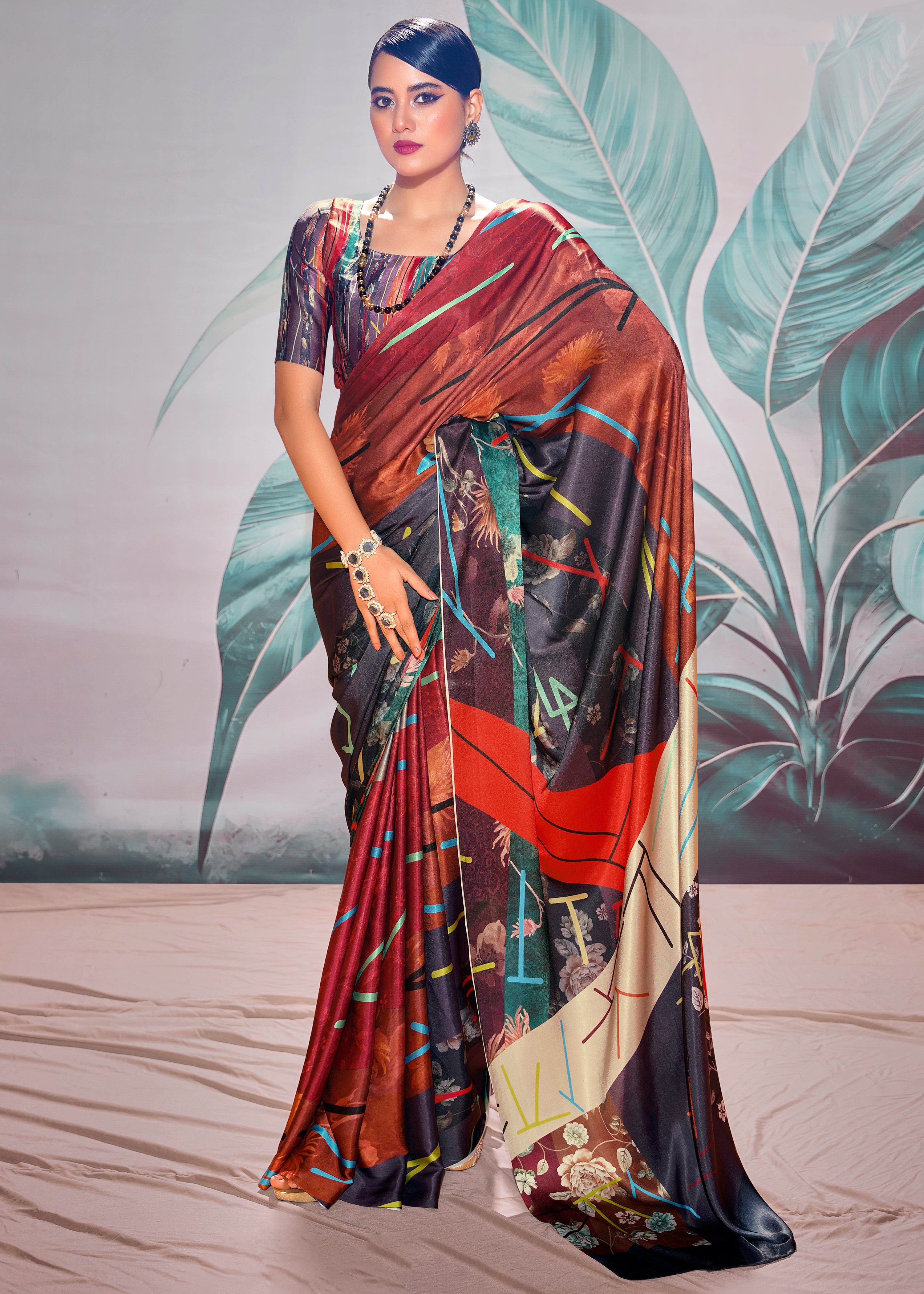 Multicolor Satin Crepe Saree With Digital Print