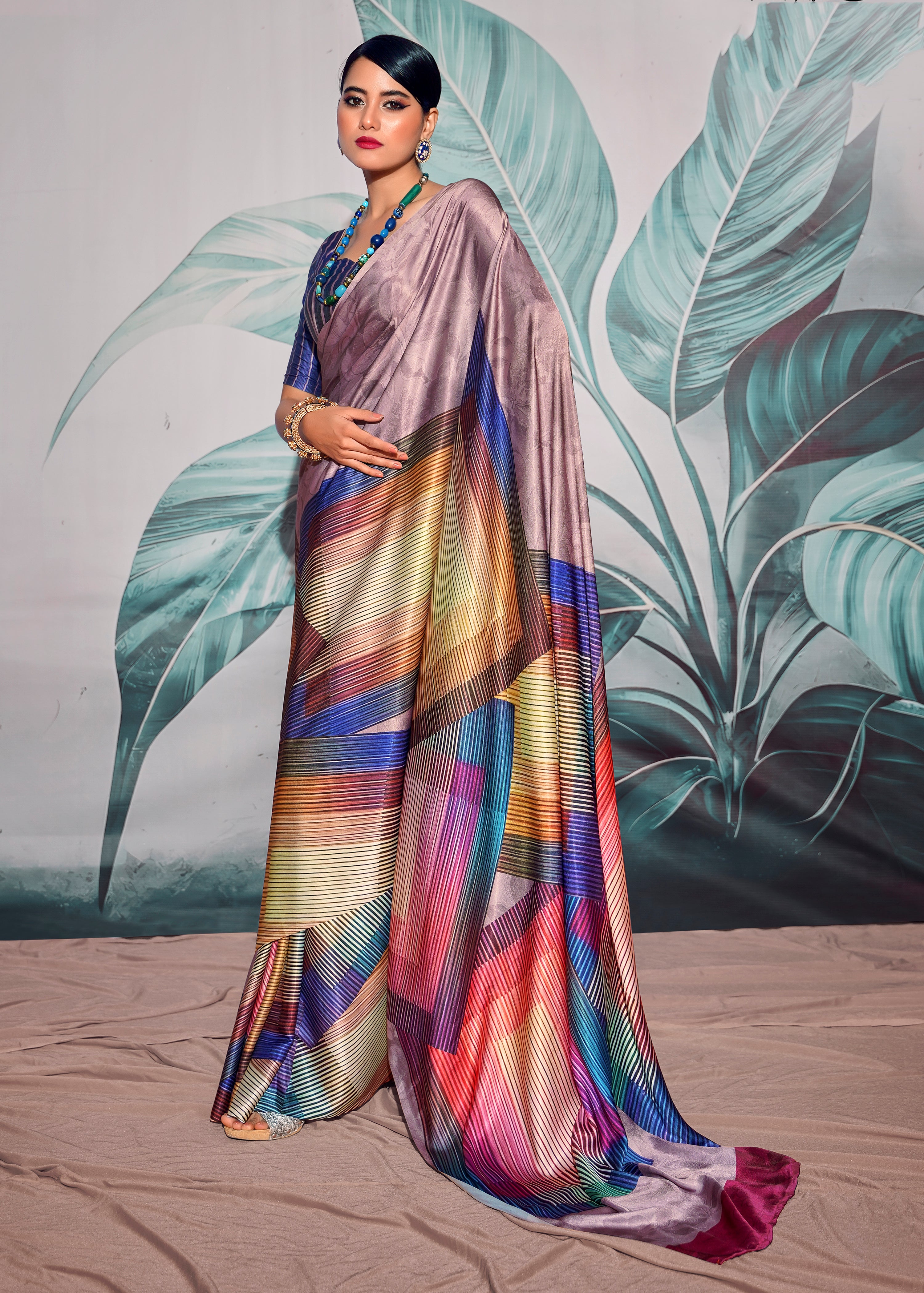 Multicolor Satin Crepe Saree With Digital Print