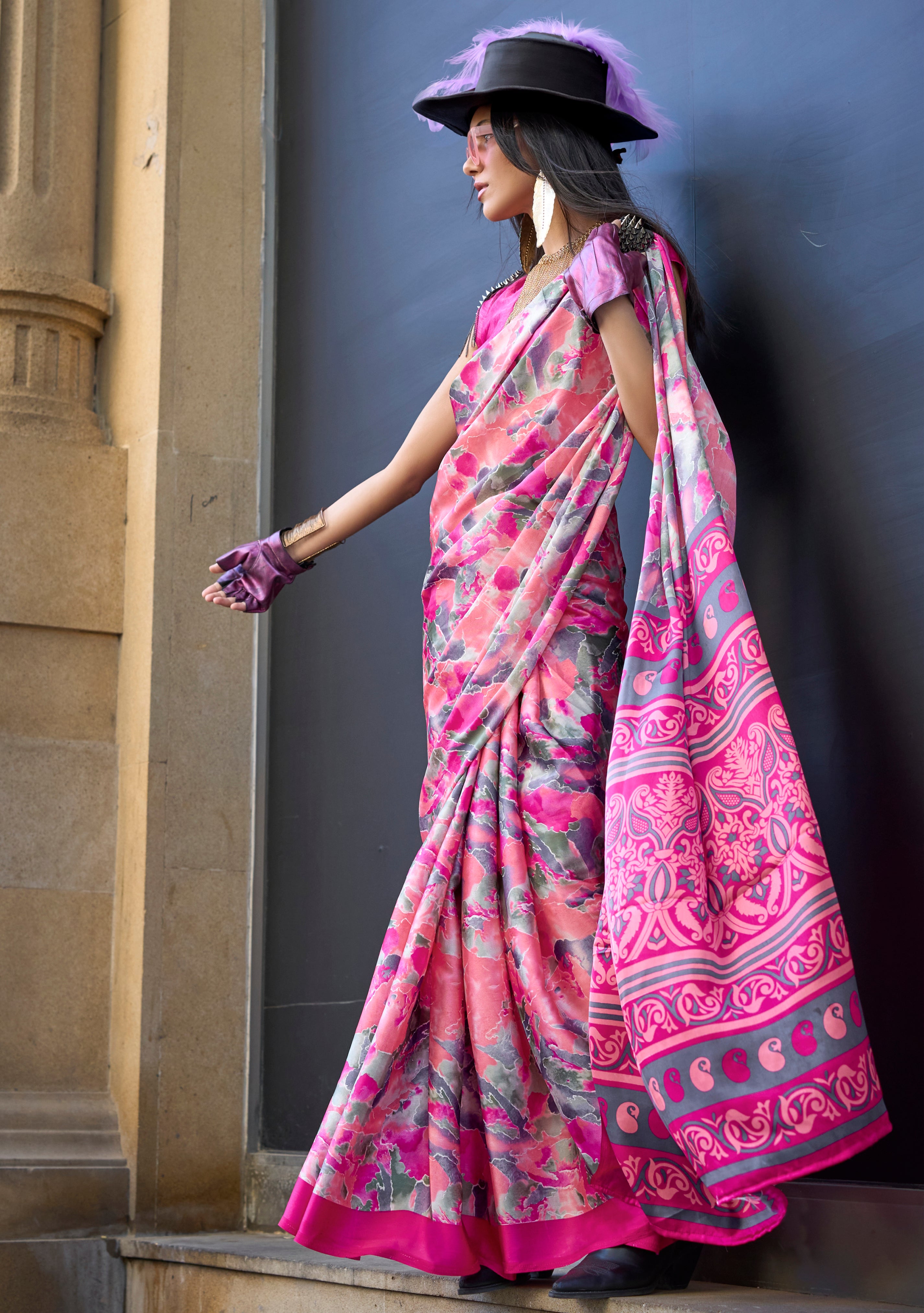 Multicolor Satin Saree With Digital Print