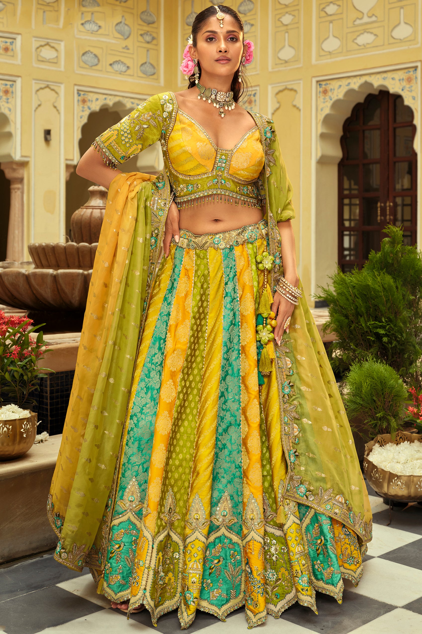 Multicolor Silk Readymade Lehenga Choli With Heavy Thread Embroidery, Sequence, Border Weaving, Art Mirror and Cut Work