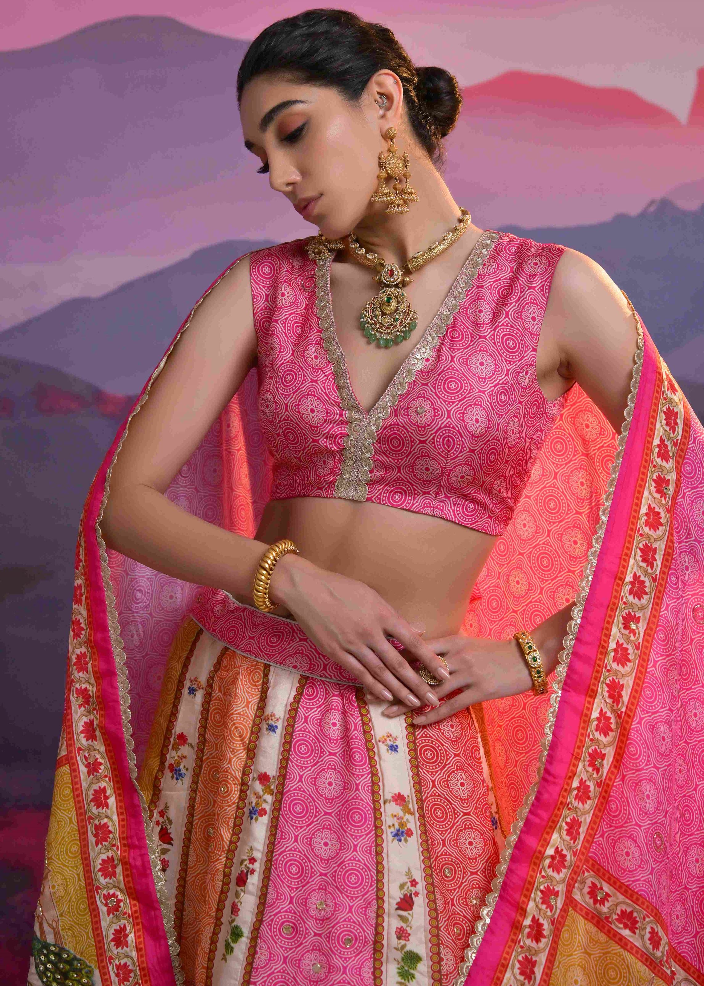 Multicolor Viscose Russian Lehenga Choli With Print With Zardosi, Cutdana, Sequins With Gota Patti Work