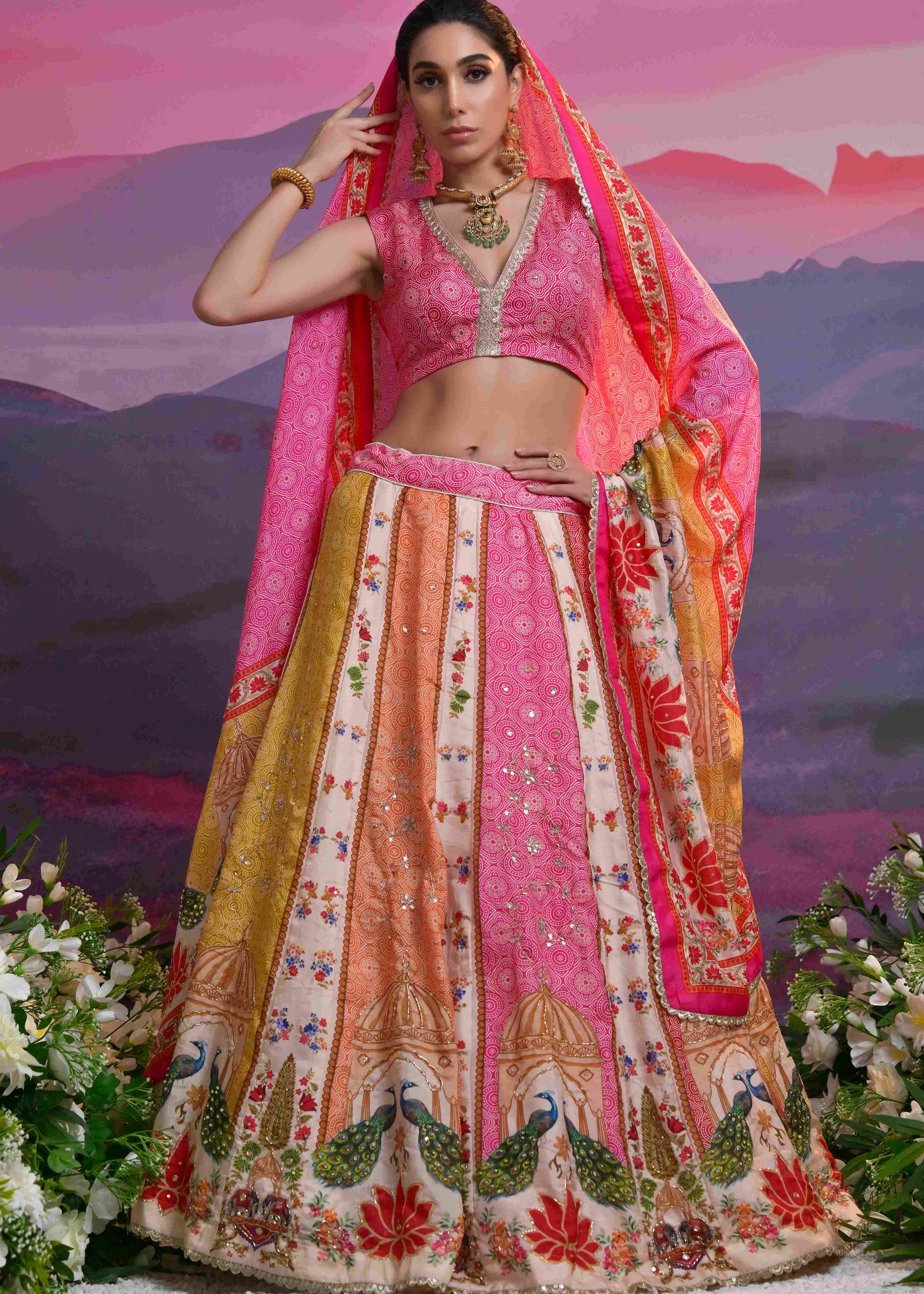 Multicolor Viscose Russian Lehenga Choli With Print With Zardosi, Cutdana, Sequins With Gota Patti Work