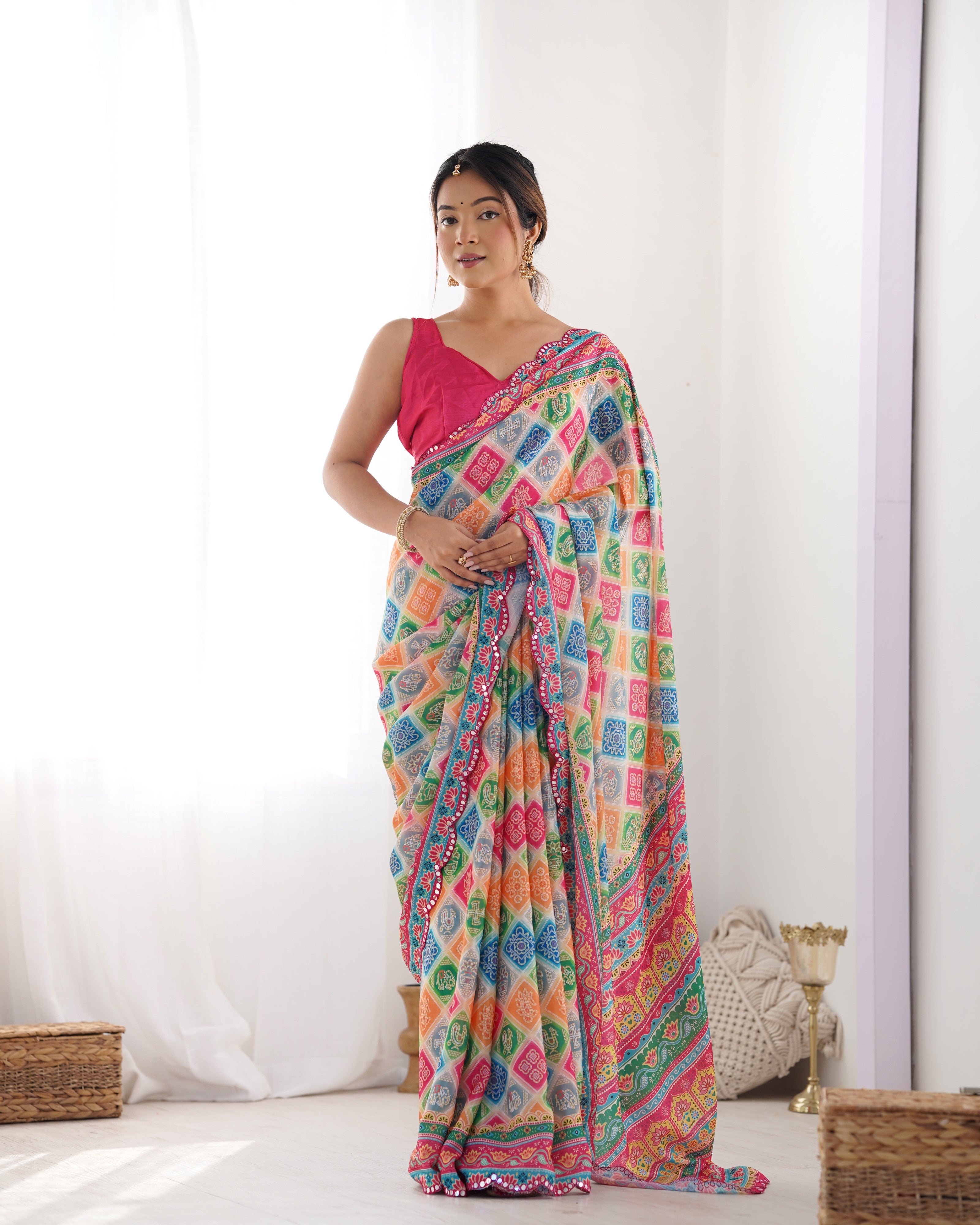 Multy Beautiful Chinon Fabric Digital Printed Saree With Mirror Cut Work