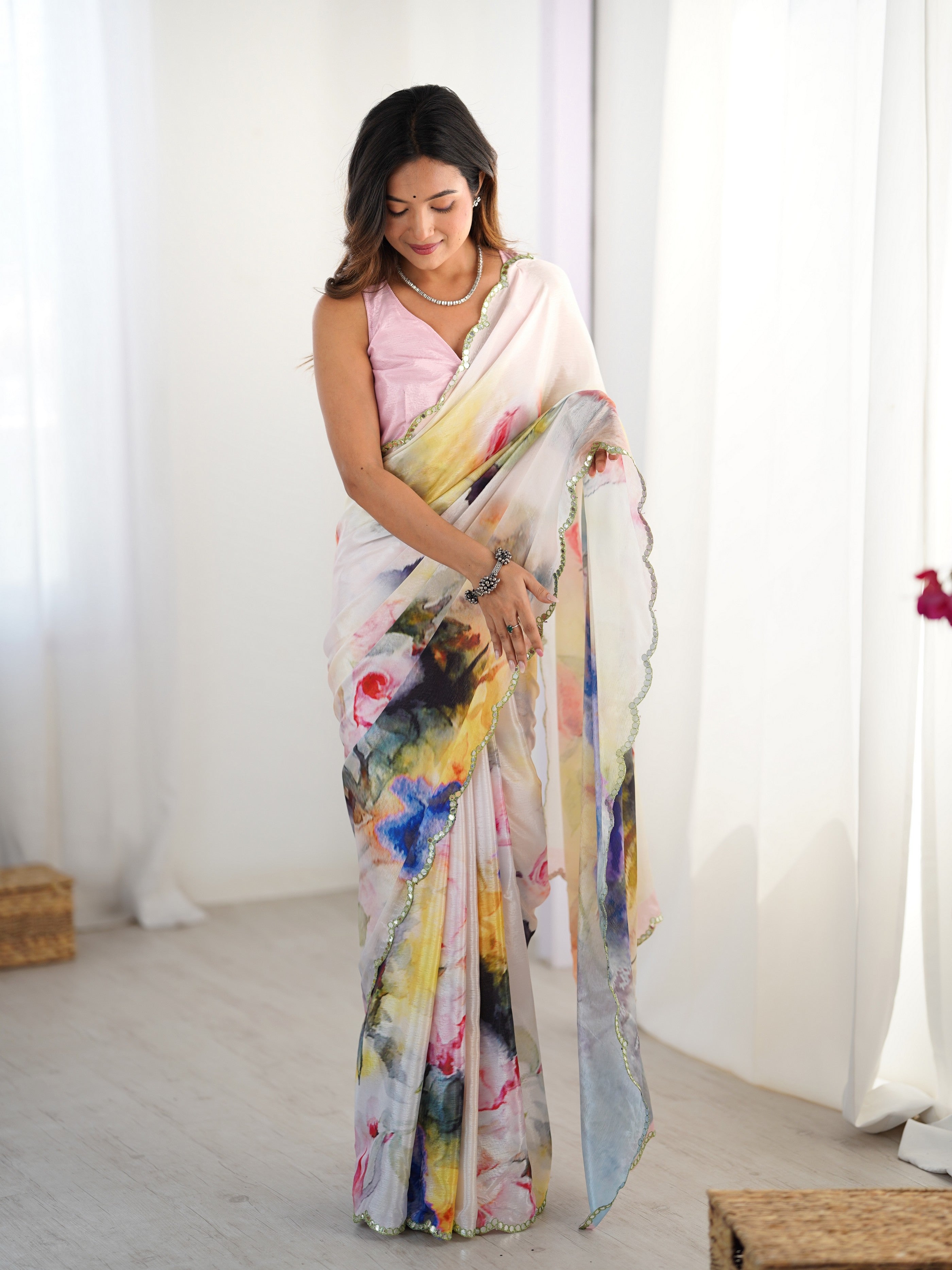 Multy Beautiful Printed Chinon Saree With Stylish Border For Girlie Looks