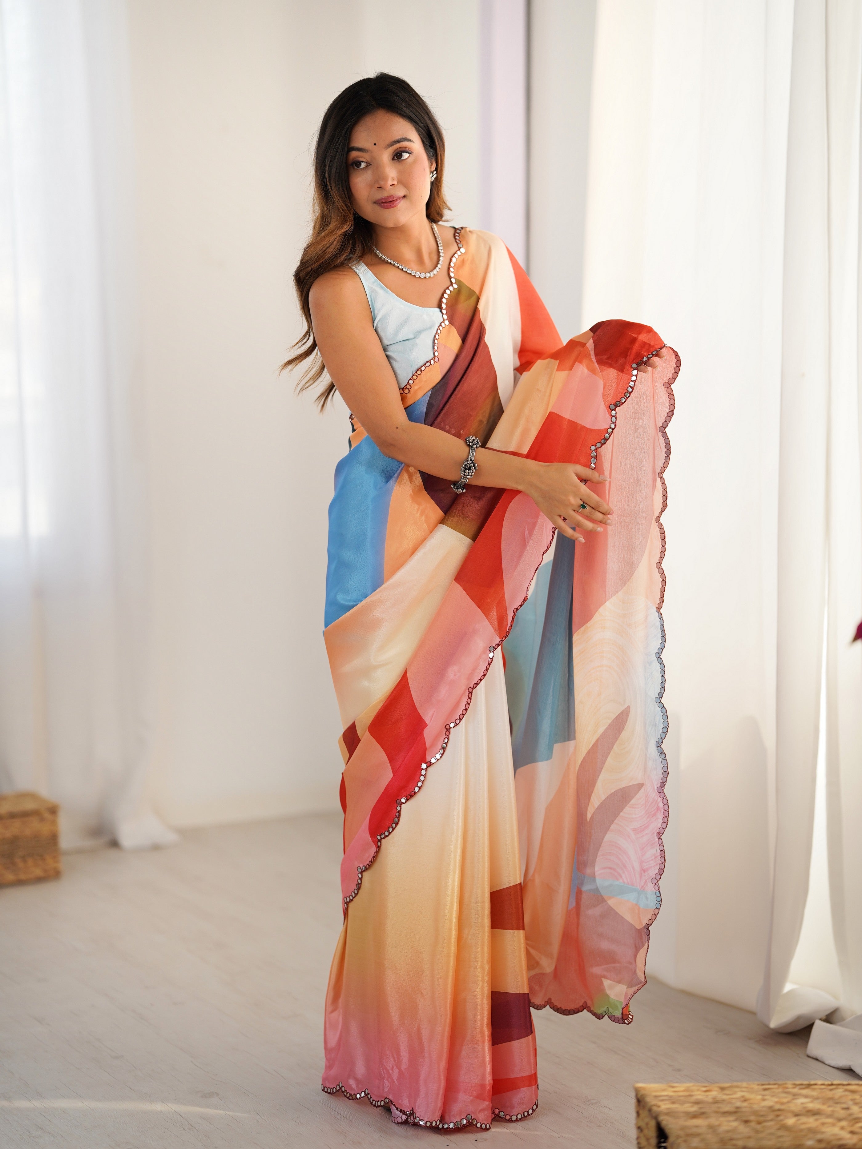Multy Ethnic Partywear Digital Printed Saree With Stylish Cut Border