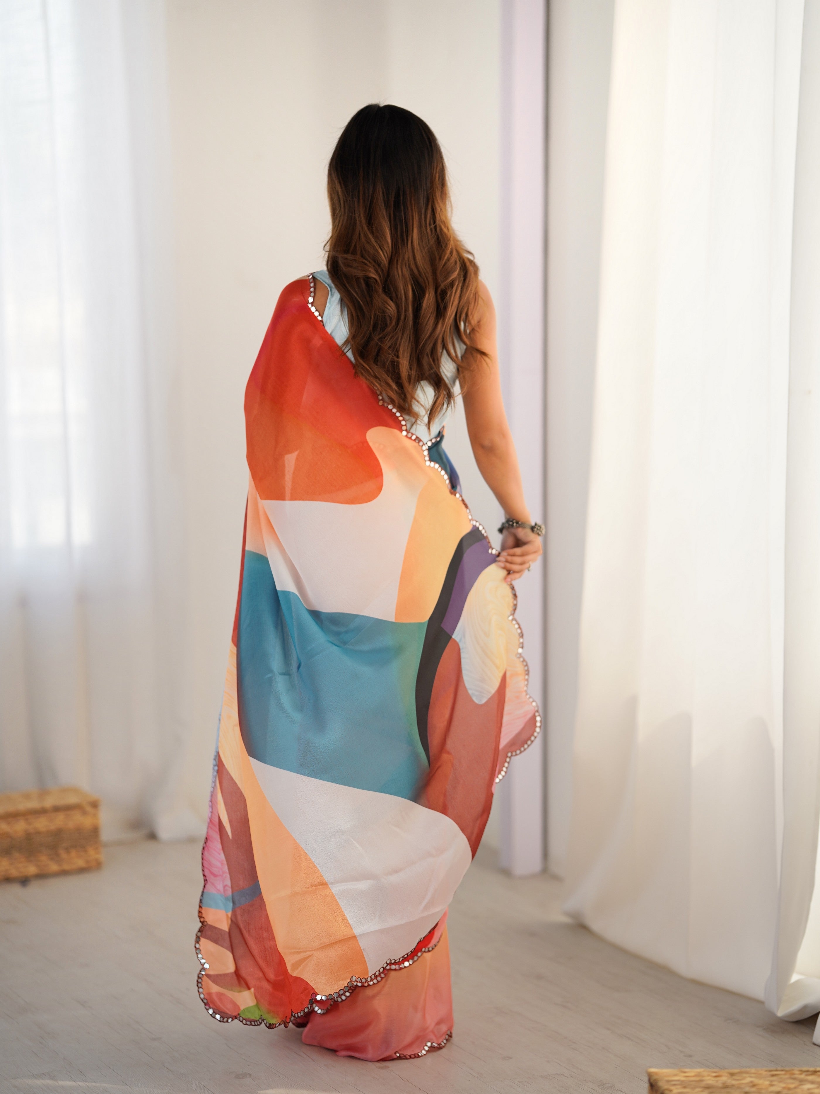 Multy Ethnic Partywear Digital Printed Saree With Stylish Cut Border