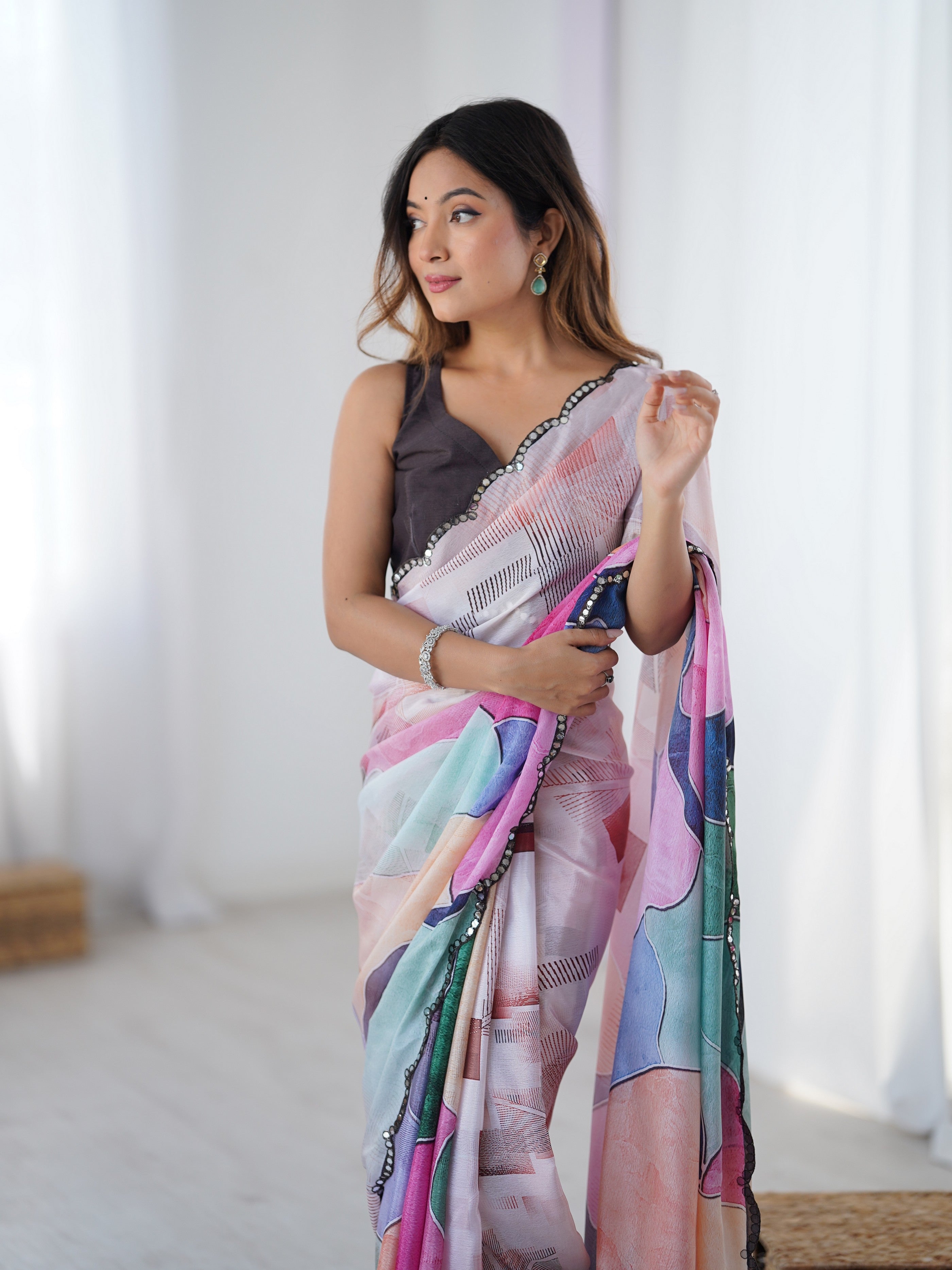 Multy Ethnic Partywear Digital Printed Saree With Stylish Cut Border