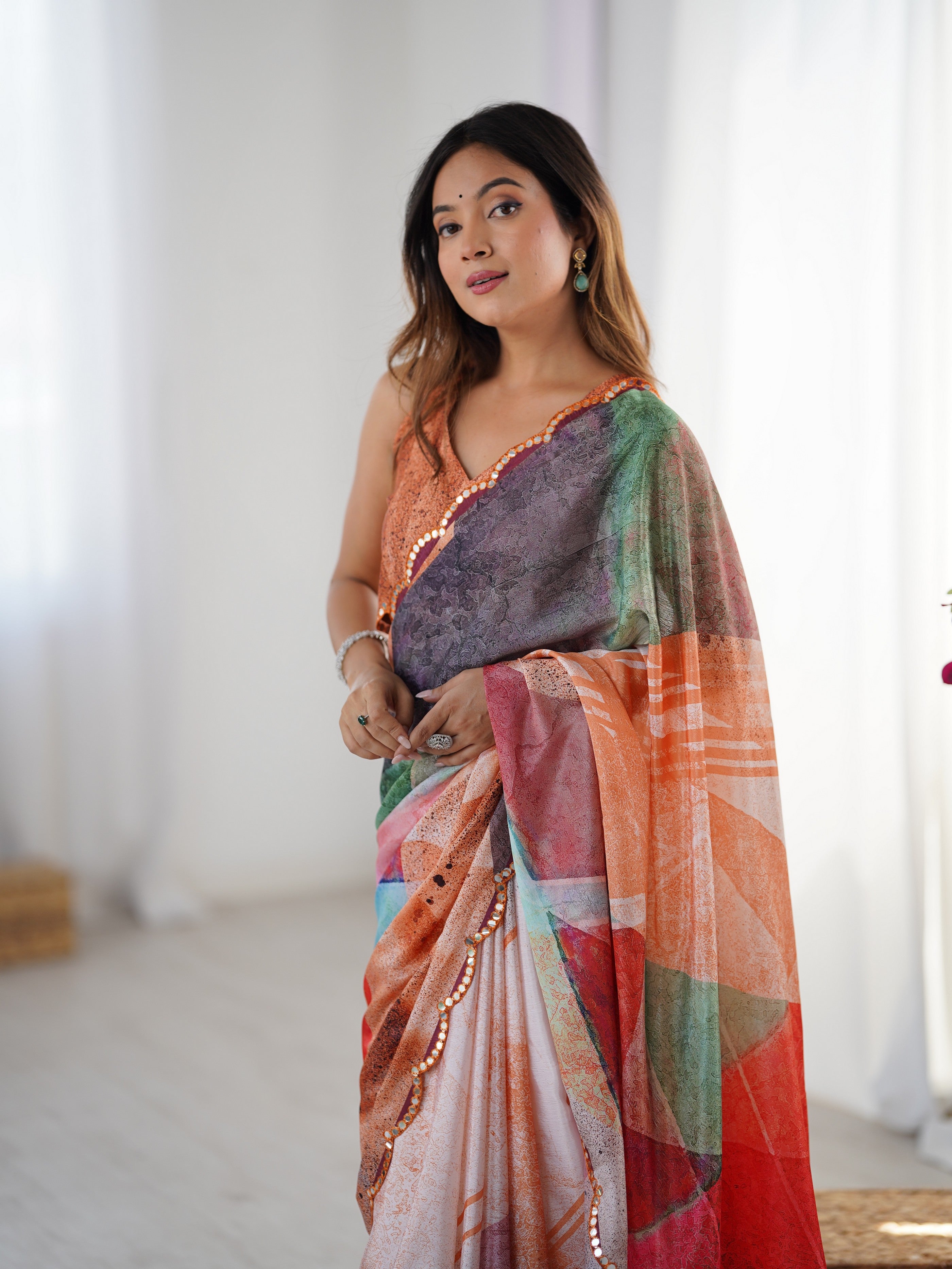 Multy Ethnic Partywear Digital Printed Saree With Stylish Cut Border